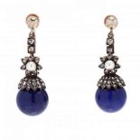 Pair of Antique Silver Topped Rose Gold, Diamond, Pearl, and Lapis Lazuli Dangle Earrings