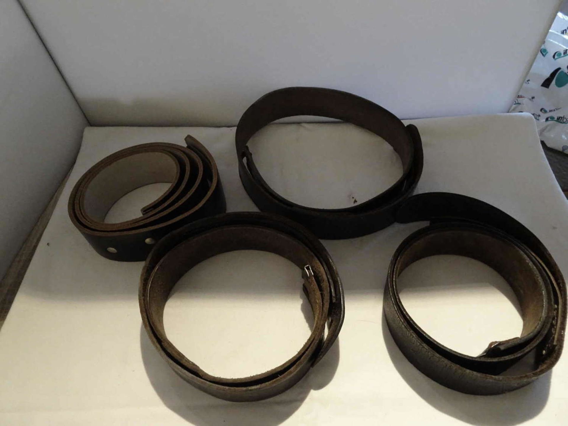 3 ancient leather belt straps, different lengths, probably for the military. - Bild 2 aus 2