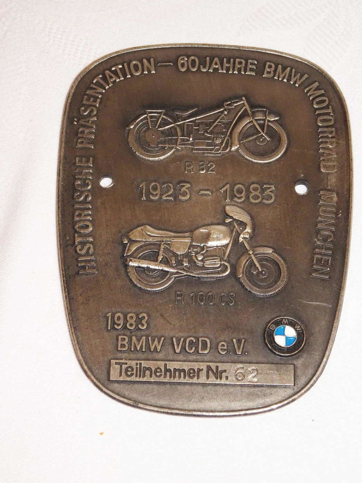Plaque historical presentation - 60 years BMW Motorrad - Munich 1923-1983, BMW VCD e.V.