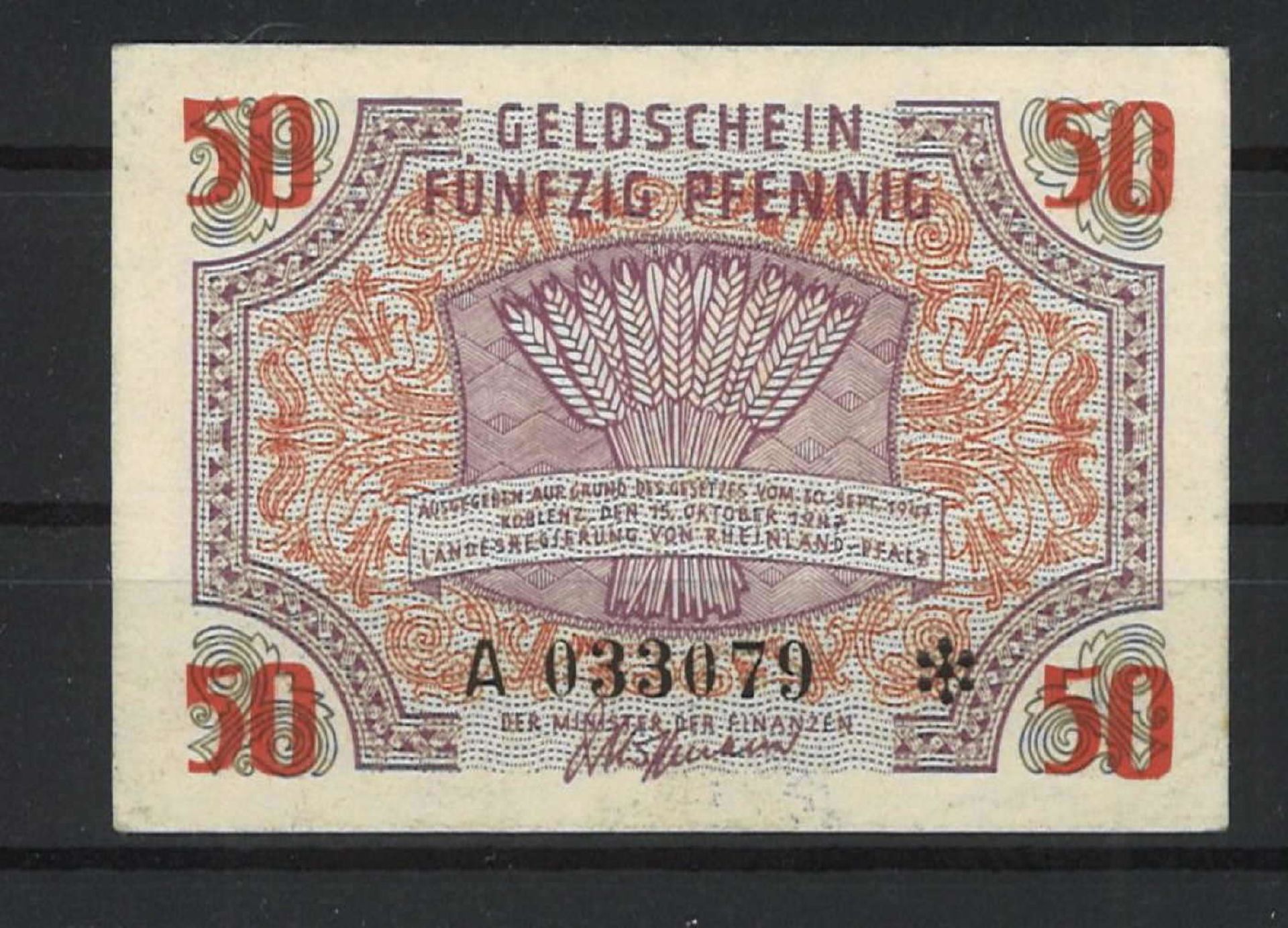 Rhineland - Palatinate, Allied occupation. 50 Pfennig replacement note, October 1947. Rosenberg