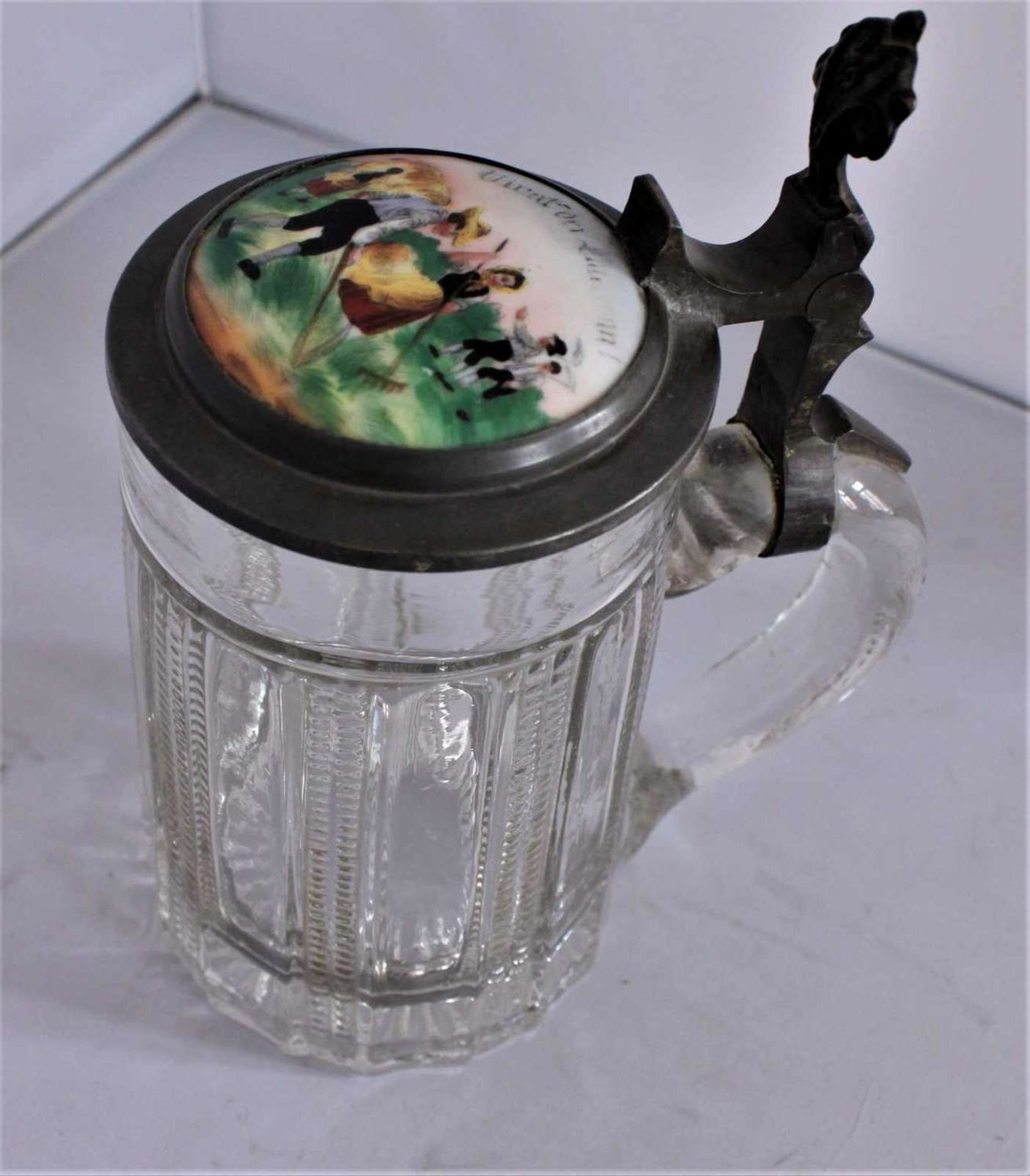 Glass jug with pewter lid with porcelain inlay "Vivat der Landmann", farmer at the hay harvest, hand