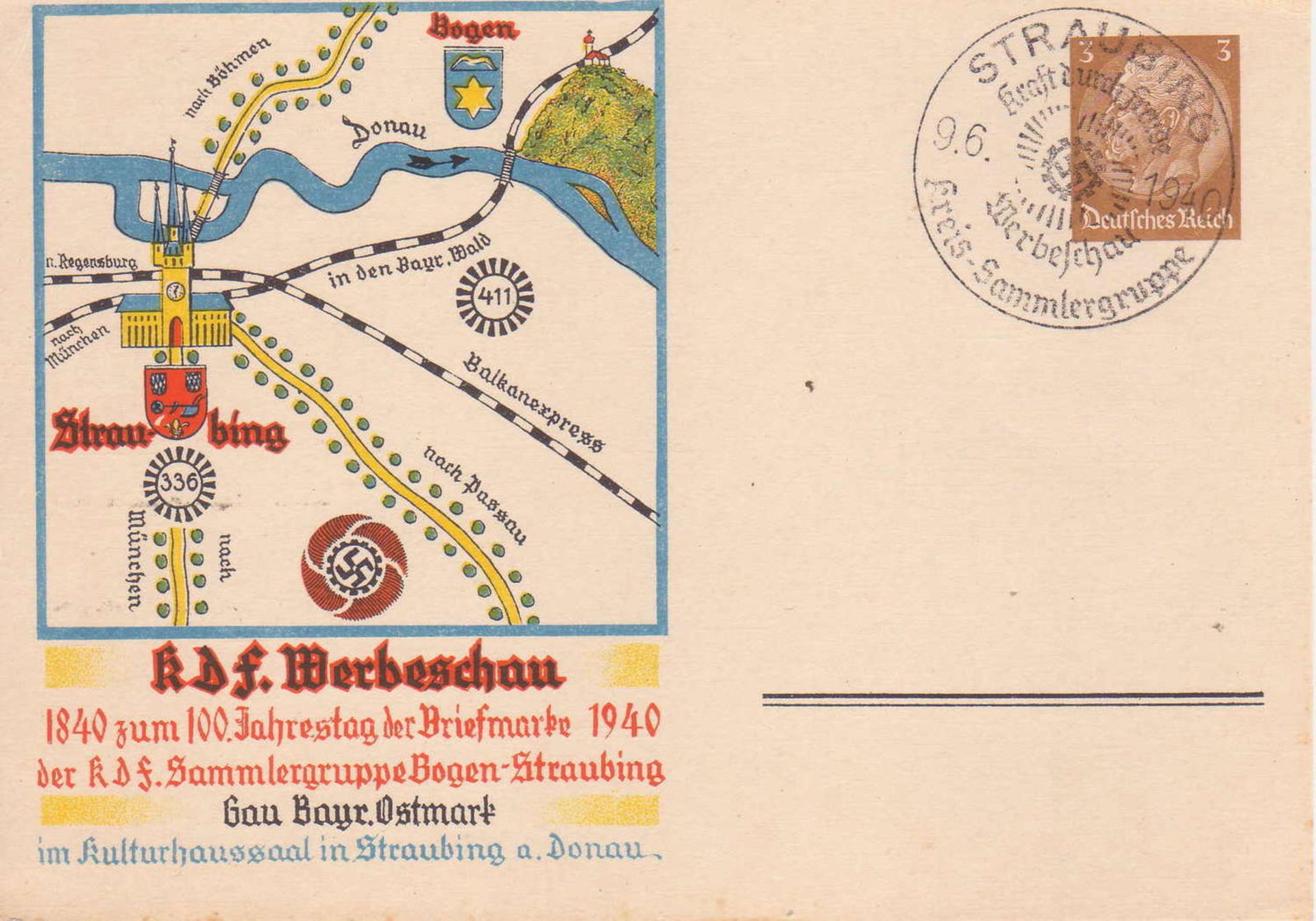 Deutsches reich 1940, Privatganzsache PP 122 C "KdF - Werbeschau Straubing". Mit Sonderstempel.