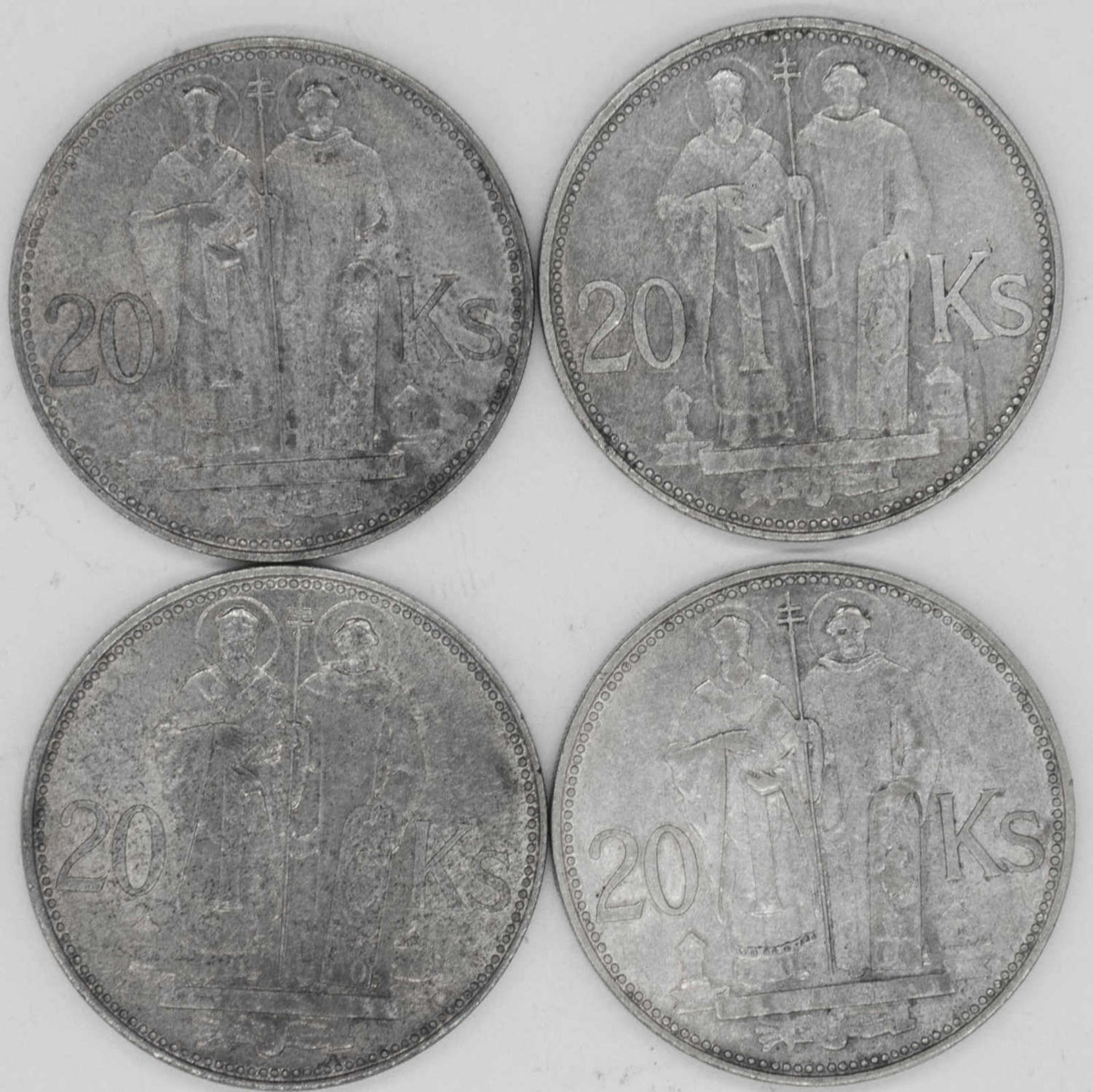 Slowakei 1941, 4 x 20 Korun - Silbermünzen St. Kyrill und St. Methodius. Gesamtgewicht: ca. 59,8