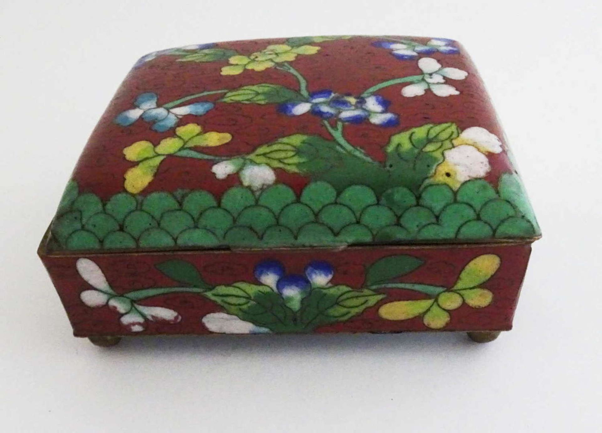 China cloisonné lidded box, mid-20th century Domed lid. All around floral decor. Measurements: