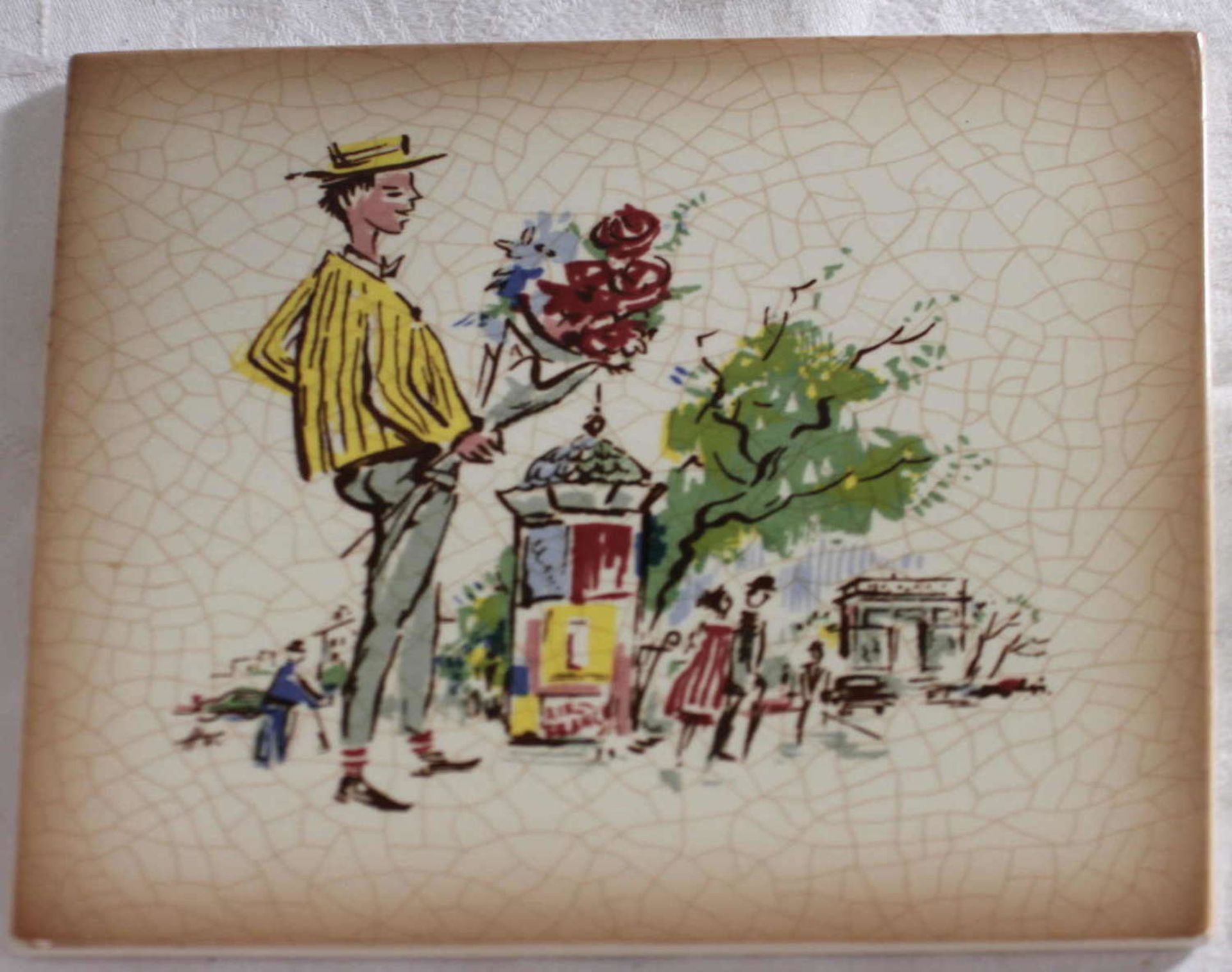 Wall tile Grünstadt ceramics, motif man with bouquet. 15x15 cm<