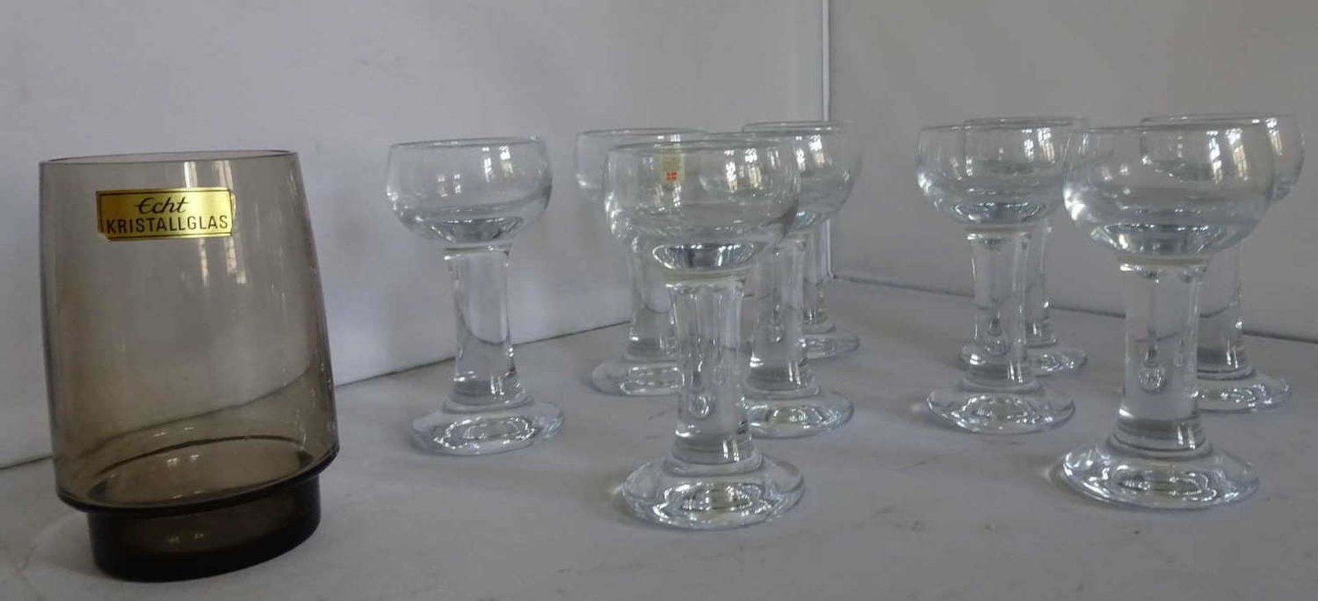 Holmegaard - Set of 9 Liqueur / Schnapps glasses - signed, and brown water glass, real crystal.