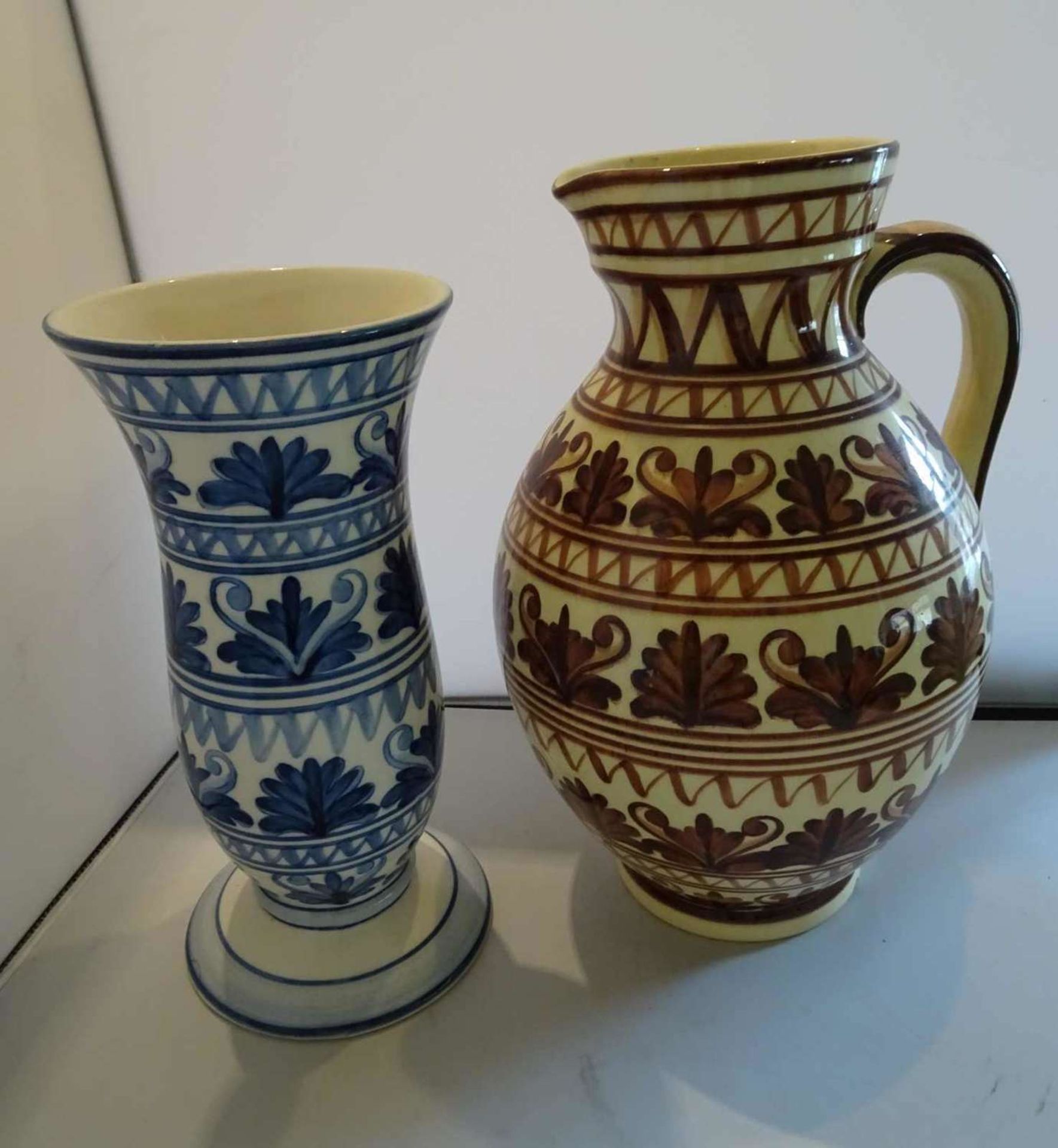 2 ceramic vases Grünstadt ceramics, 1x handle vase with brown pattern, height approx. 28 cm, 1x slim