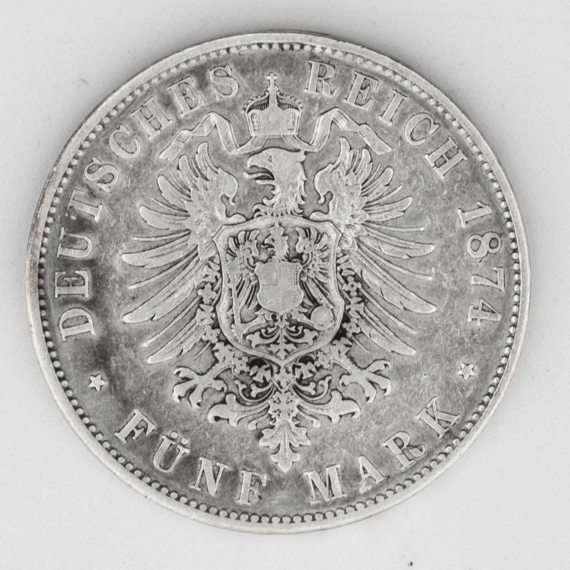 Deutsches Kaiserreich Bayern 1874 D, 5.- Mark - Silbermünze "Ludwig II.". Jaeger: 42. Gewicht: ca. - Bild 2 aus 2