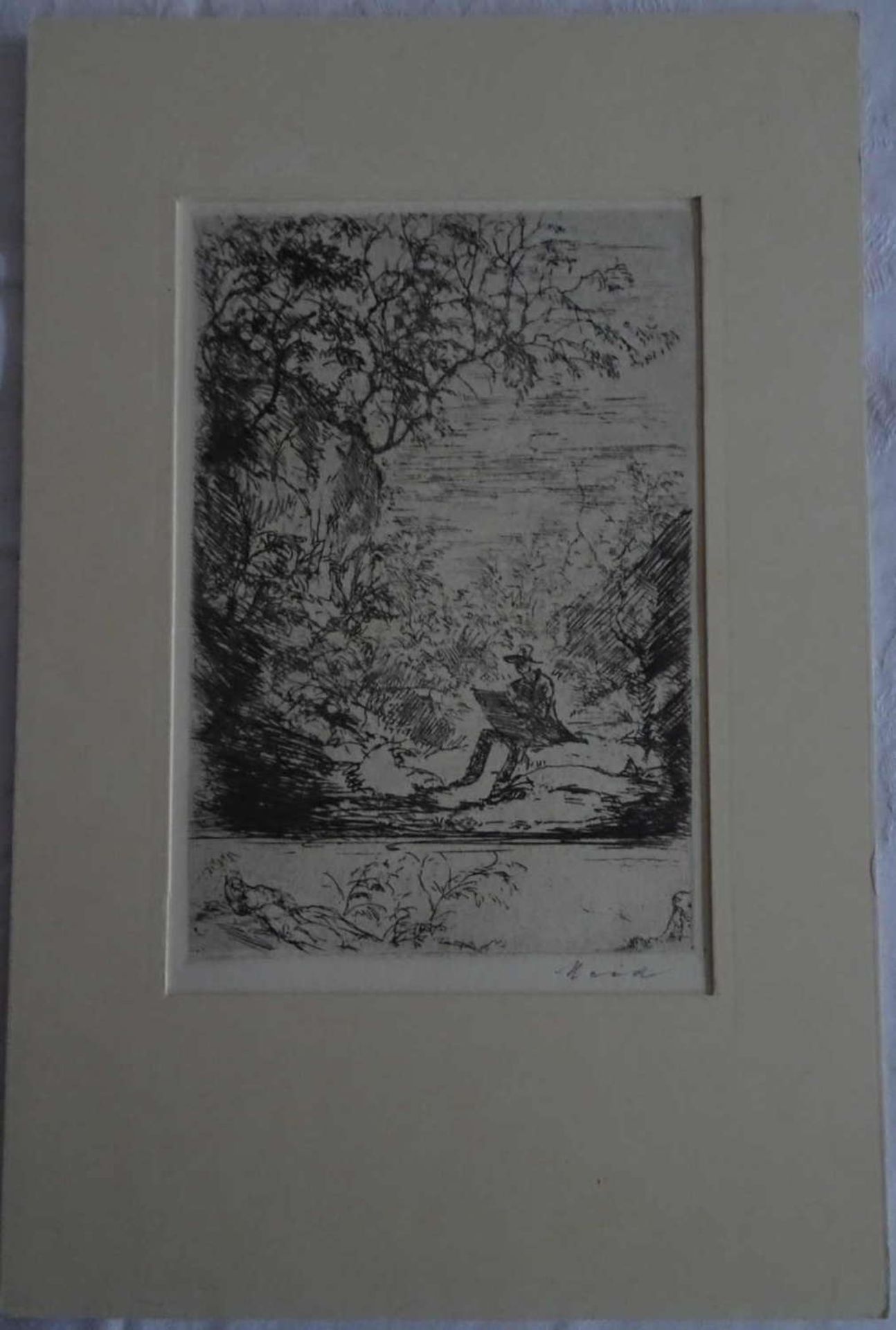 Meid, Hans (Pforzheim 1883-1957). The painter in the Ludwigsburg landscape. Original Etching. Signed