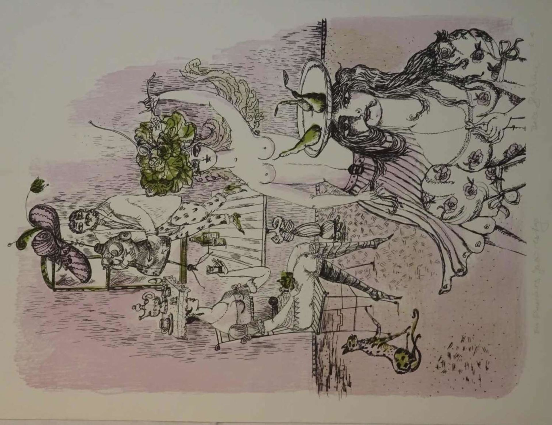 Bele Bachem (1915-2006) color lithograph with original signature "Des Schneider's birthday", bare-