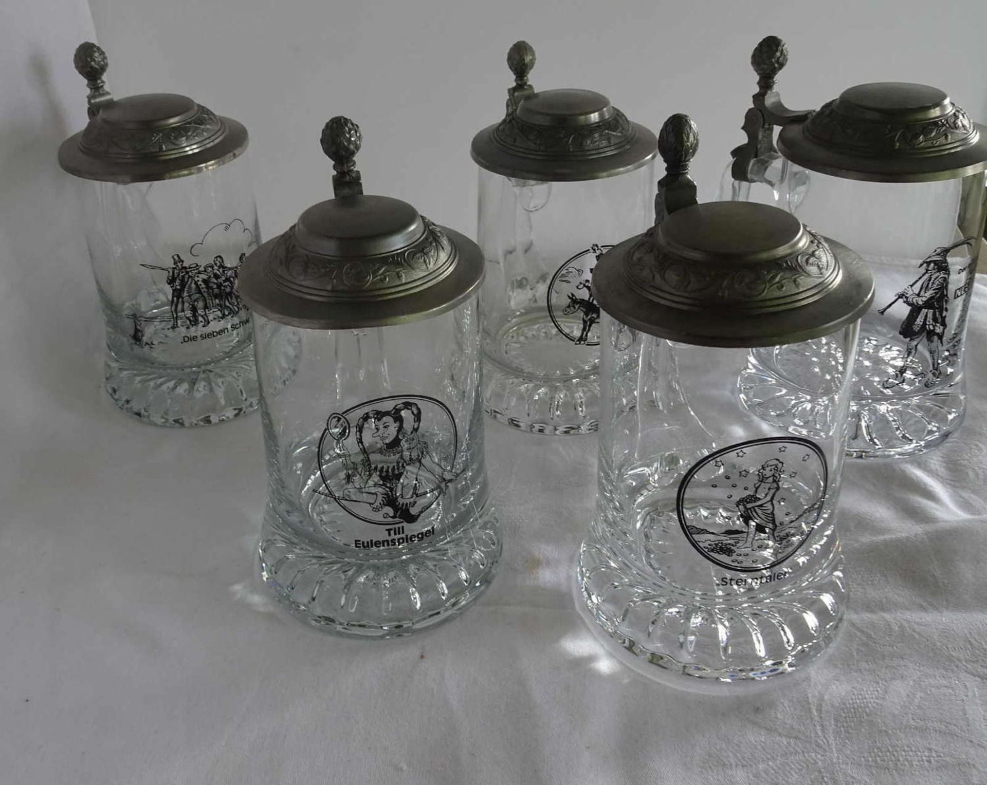 Rastal, beer glasses with pewter lids with fairy tale motifs, Bremen Town Musicians, Till