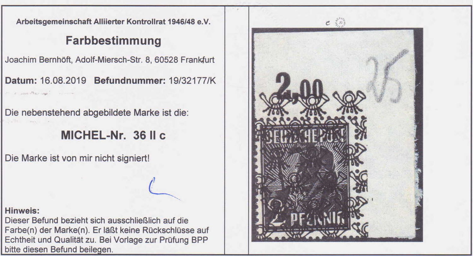 Alliierte Besetzung Bizone 1948, Mi. - Nr. 36 II c, ARGE Alliierter Kontrollrat 1946/48 e.V. Mit - Bild 2 aus 2