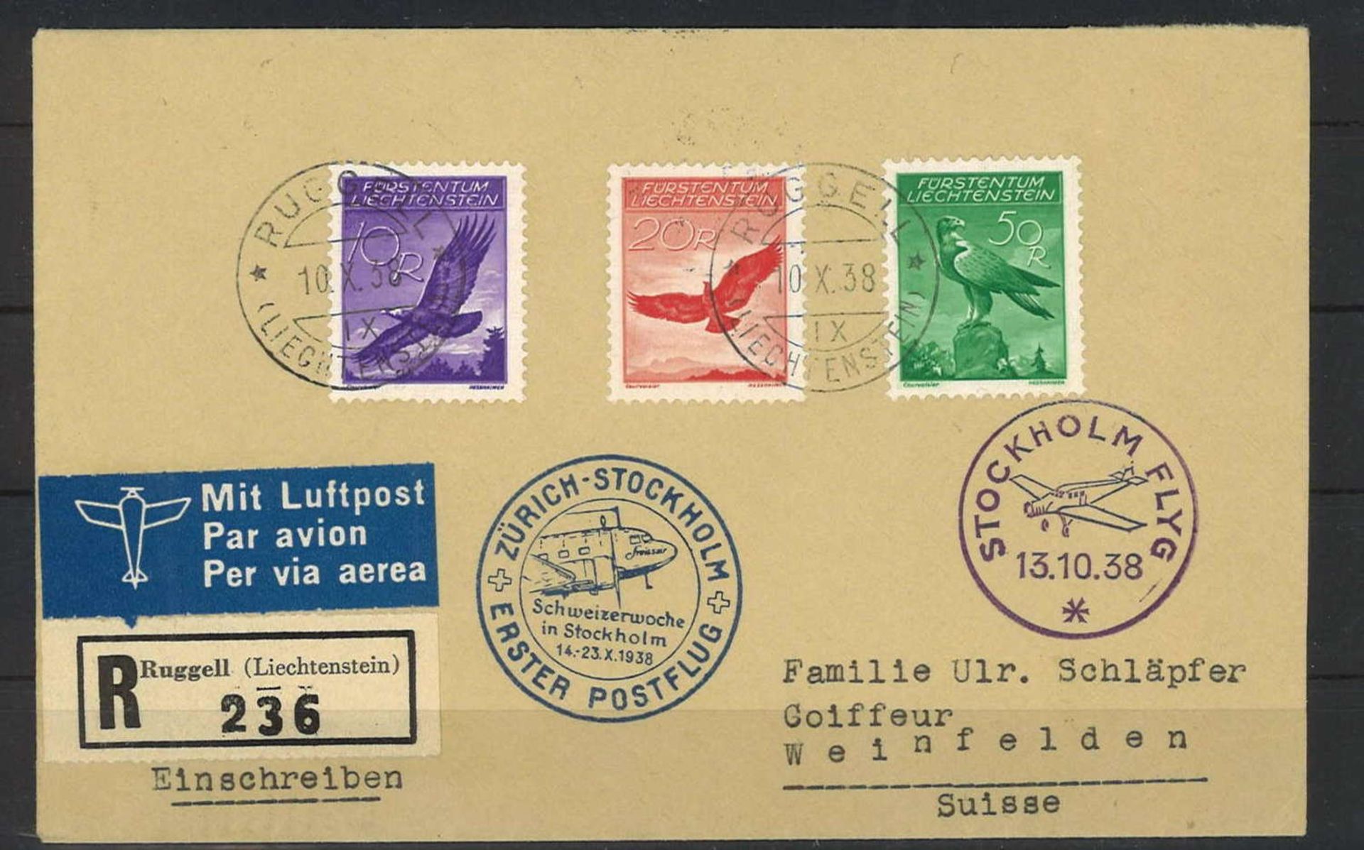 Liechtenstein, first post flight in 1938, Zurich-Stockholm, top franking with Michel No. 143, 145,