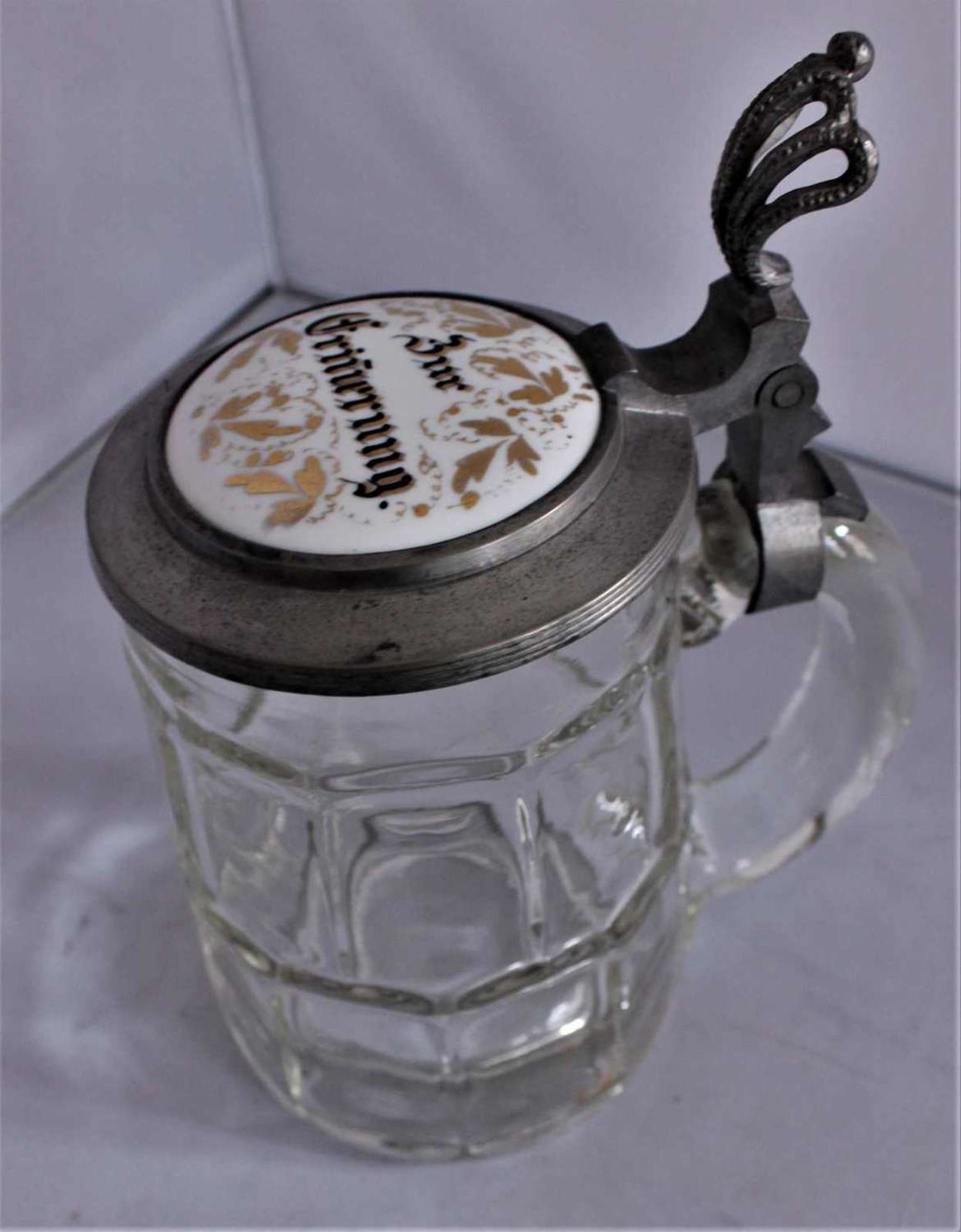 Glass jug with pewter lid with porcelain insert "in memory" around 1890/1900