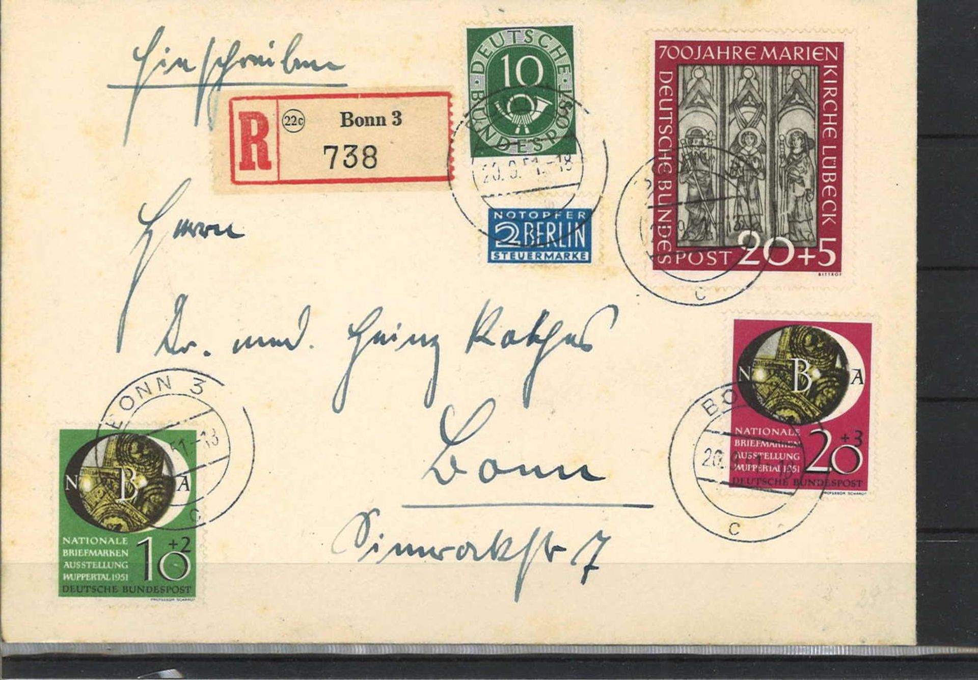 FRG 1951, MiF, Michel No. 128, 140-143. Catalog price 255 euros. Top receipt.