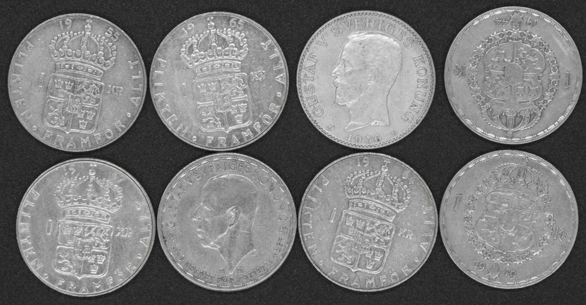 Schweden 1936/ 67, 8 x 1 Krone - Silbermünzen, bestehend aus : 1936, 1944, 1949, 1950 (Gustaf V.),