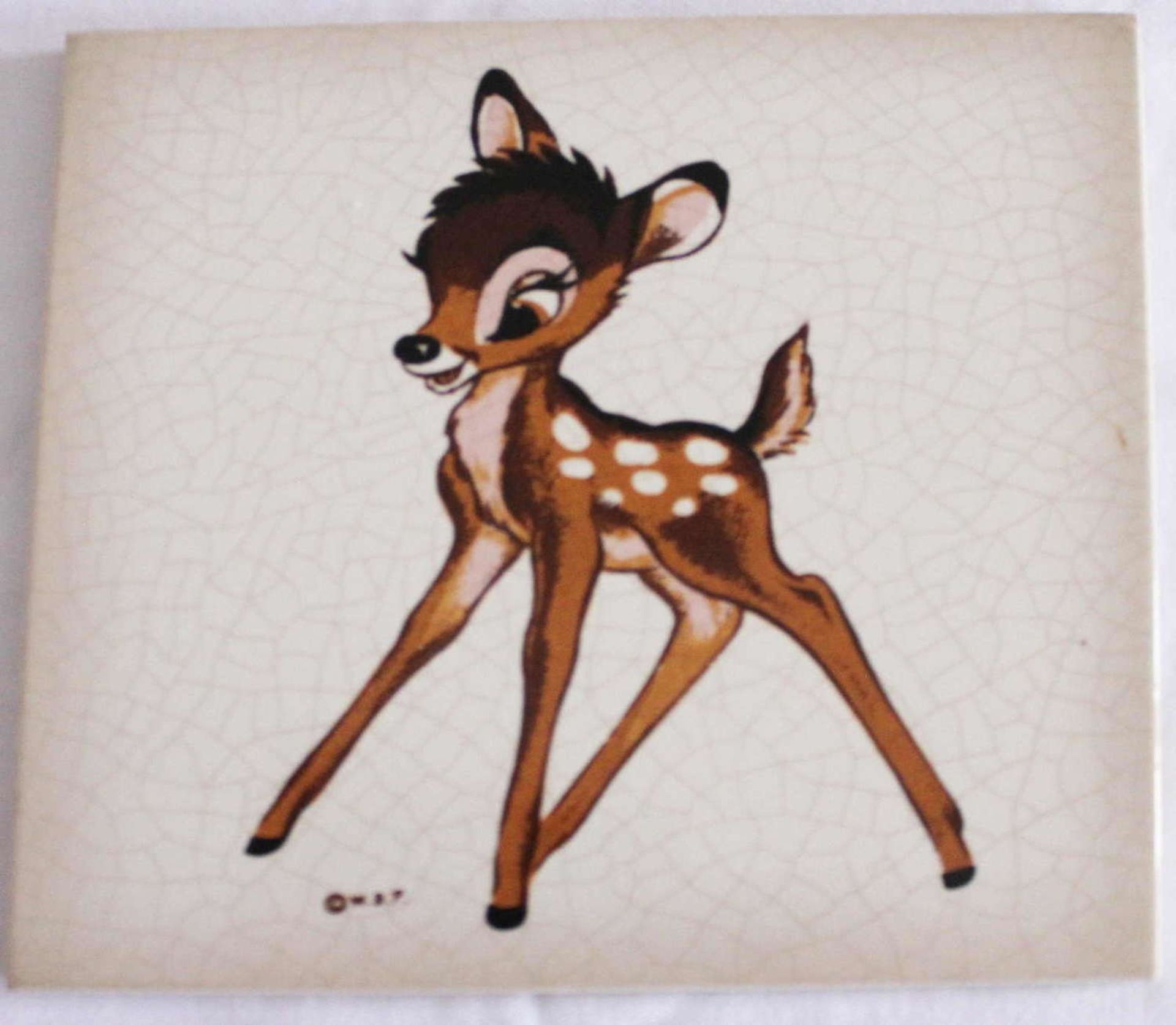 Wall tile Grünstadter Keramik, Bambi motif. With wall mounting. 15x15 cm<