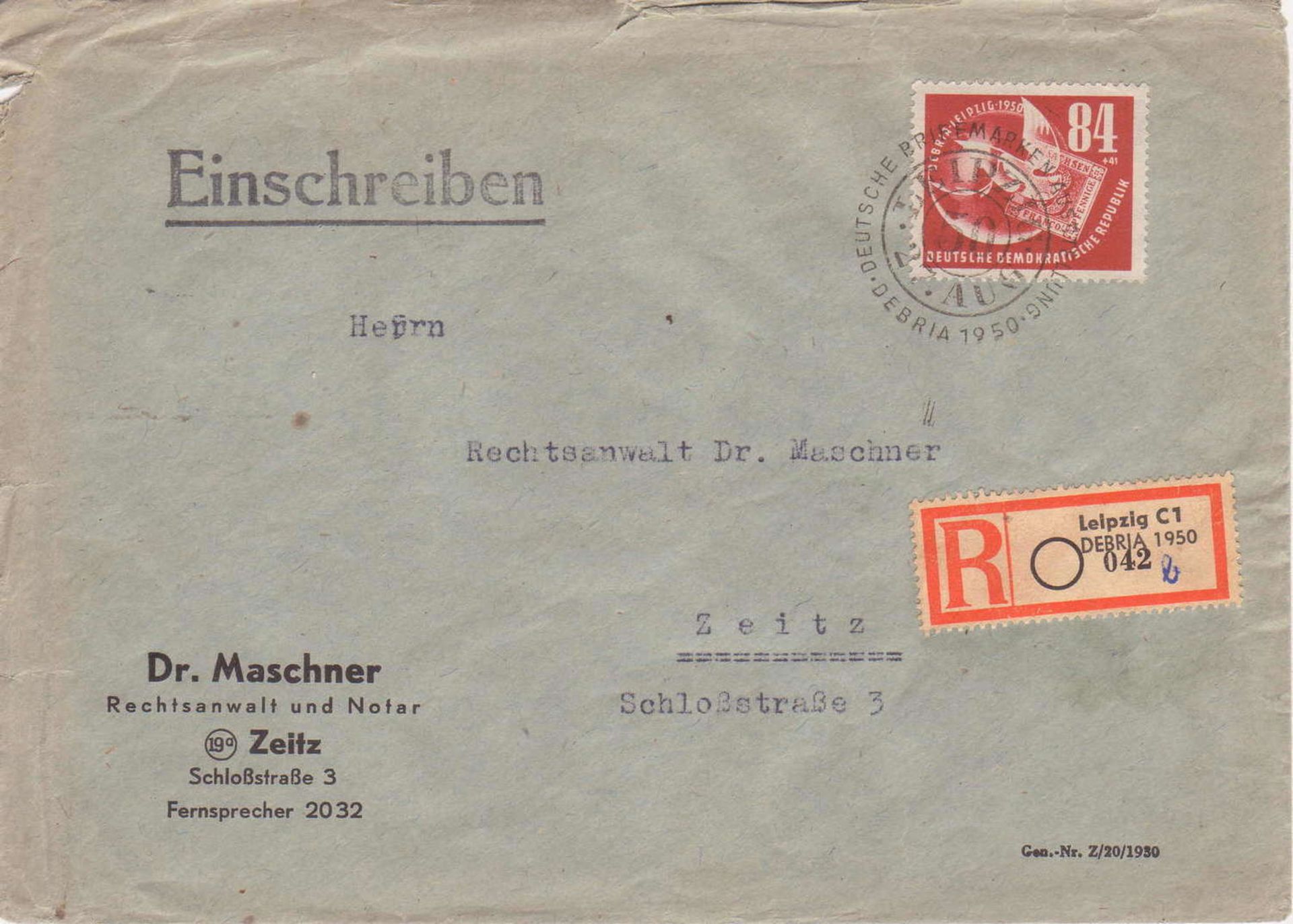 DDR 1950, Mi. - nr. 260 als EF auf R - Brief. gelaufen von Leipzig nach Zeitz. Mit