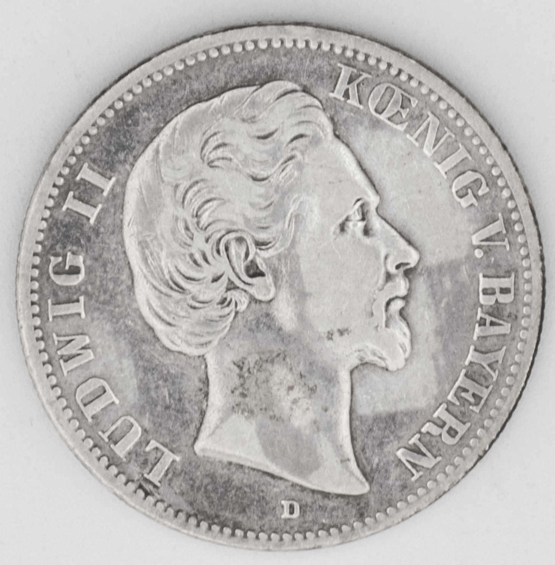 Deutsches Kaiserreich Bayern 1877 D, 2.- Mark - Silbermünze "Ludwig II.". Jaeger: 41. Gewicht: ca.