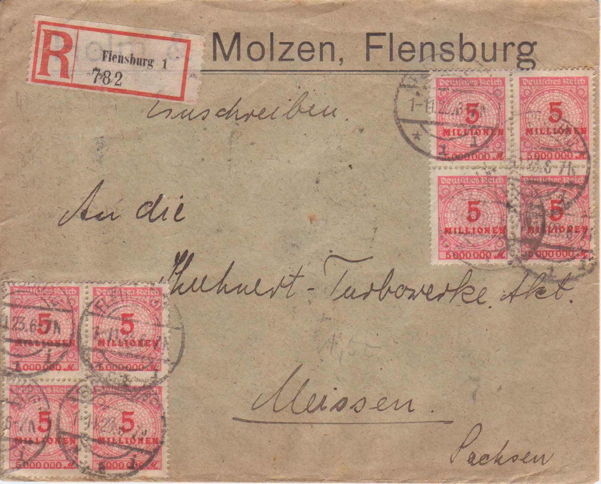 Deutsches Reich 1923, Mi. - Nr. 317 als Massenfrankatur auf R - Brief. Gelaufen von Flensburg nach