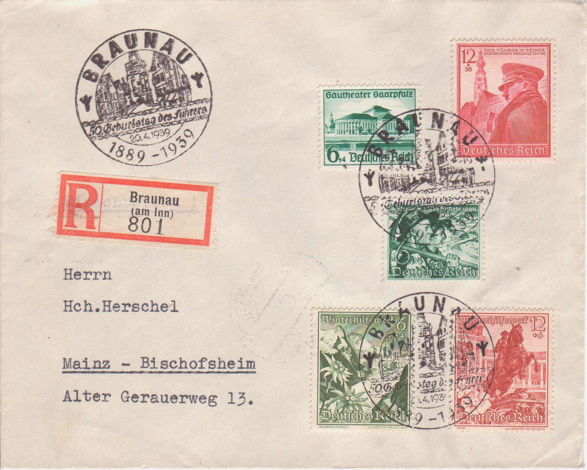 Deutsches Reich / Österreich 1939, R - Brief aus Braunau nach Mainz. MiF. Mit Sonderstempel "50.