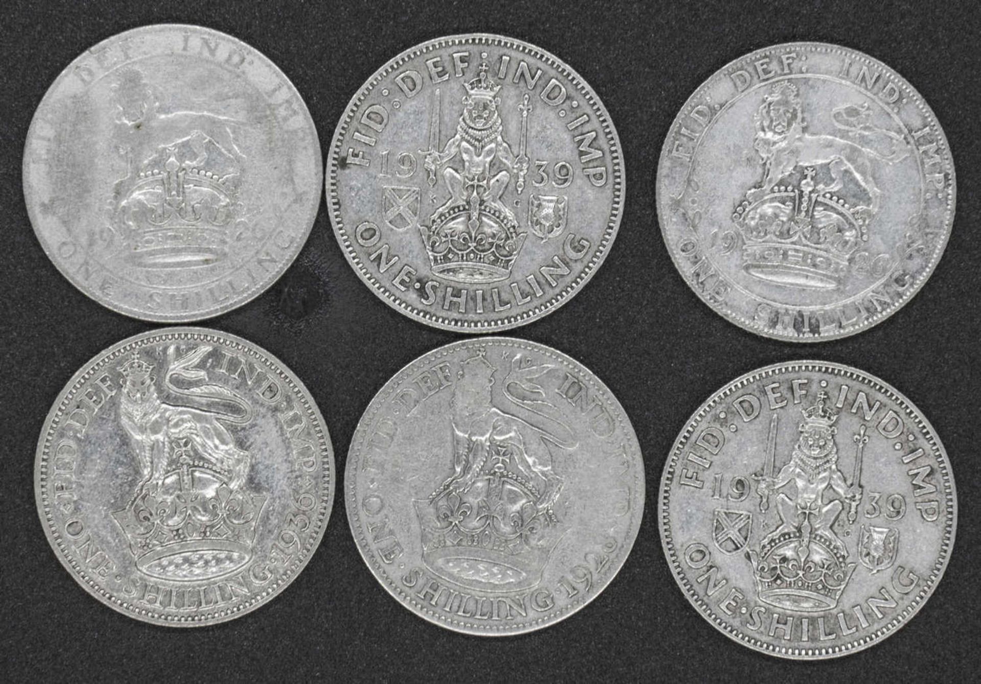 Großbritannien 1926/39, 6 x 1 Shilling - Silbermünzen. 2 x 1926, 1928, 1936 (George V.) und 2 x 1939 - Image 2 of 2