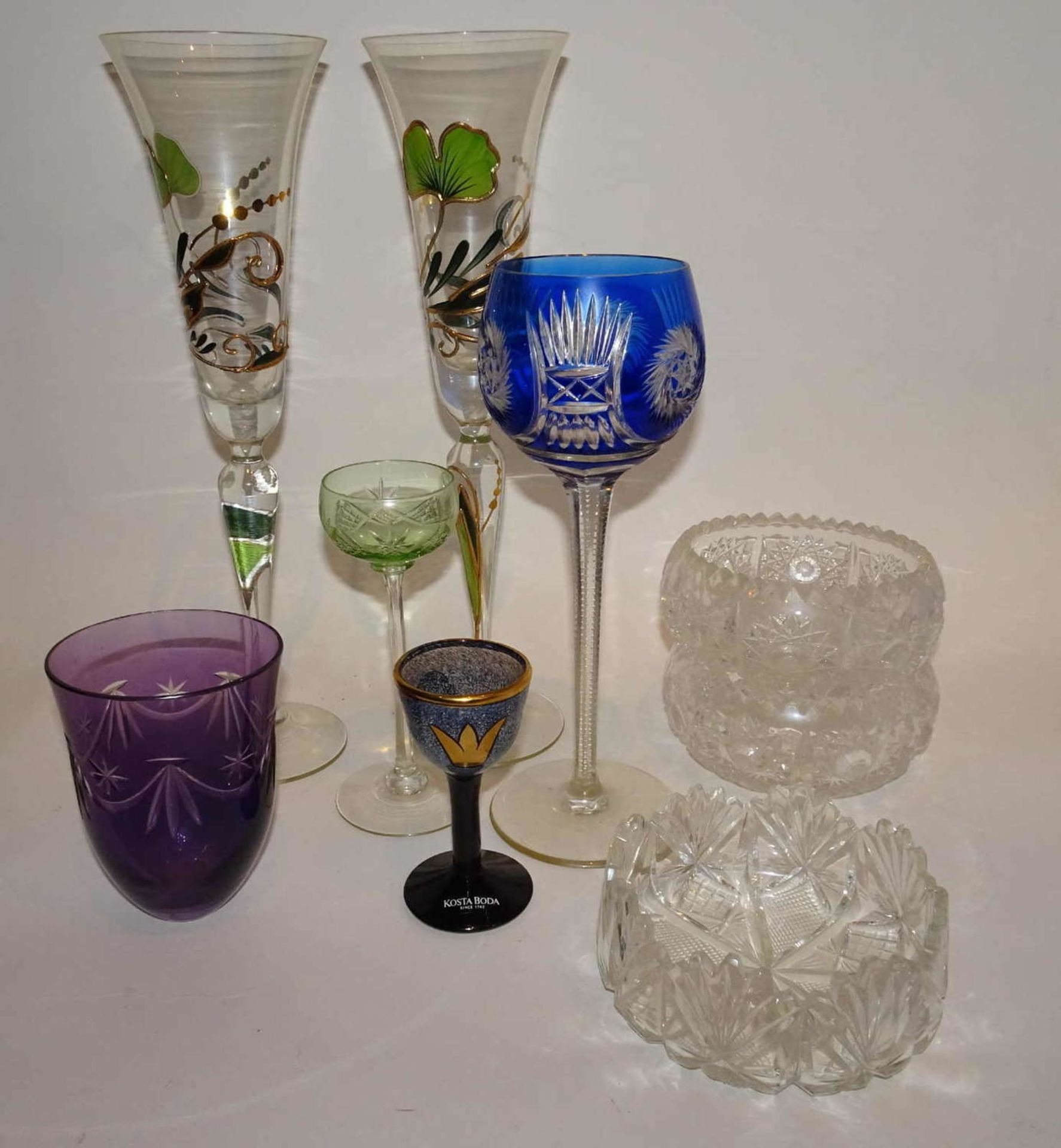 High-quality glass collection, as well 2 champagne flutes with flower painting and gold