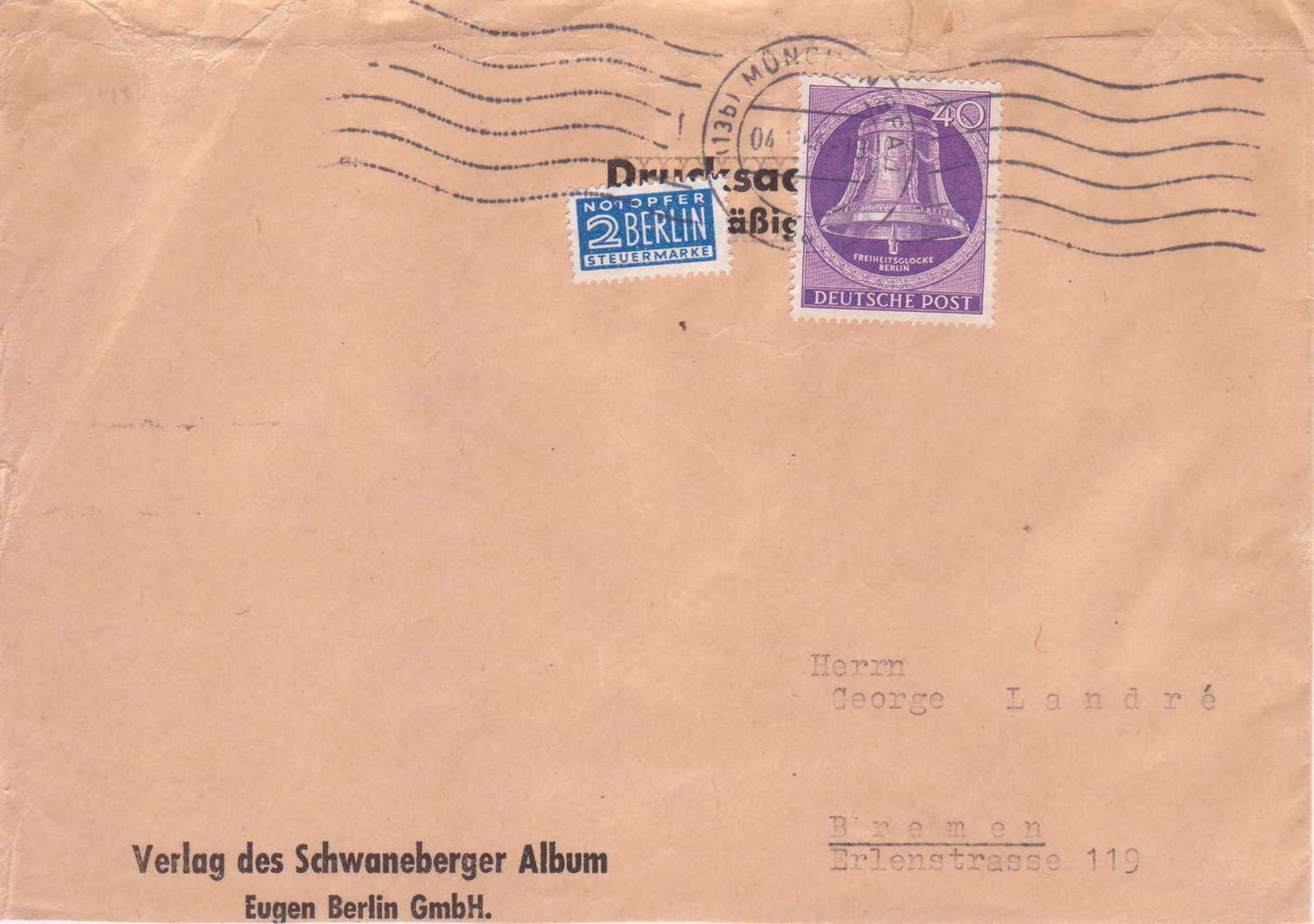 Berlin 1953, Mi. - Nr. 105 auf Brief. Gelaufen vom München nach Bremen.