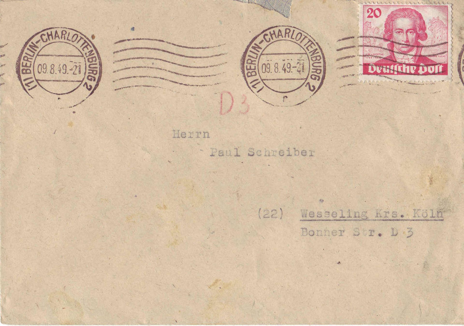 Berlin 1949, Michel number 62 as EF on cover from Berlin - Charlottenburg to Wesseling. With