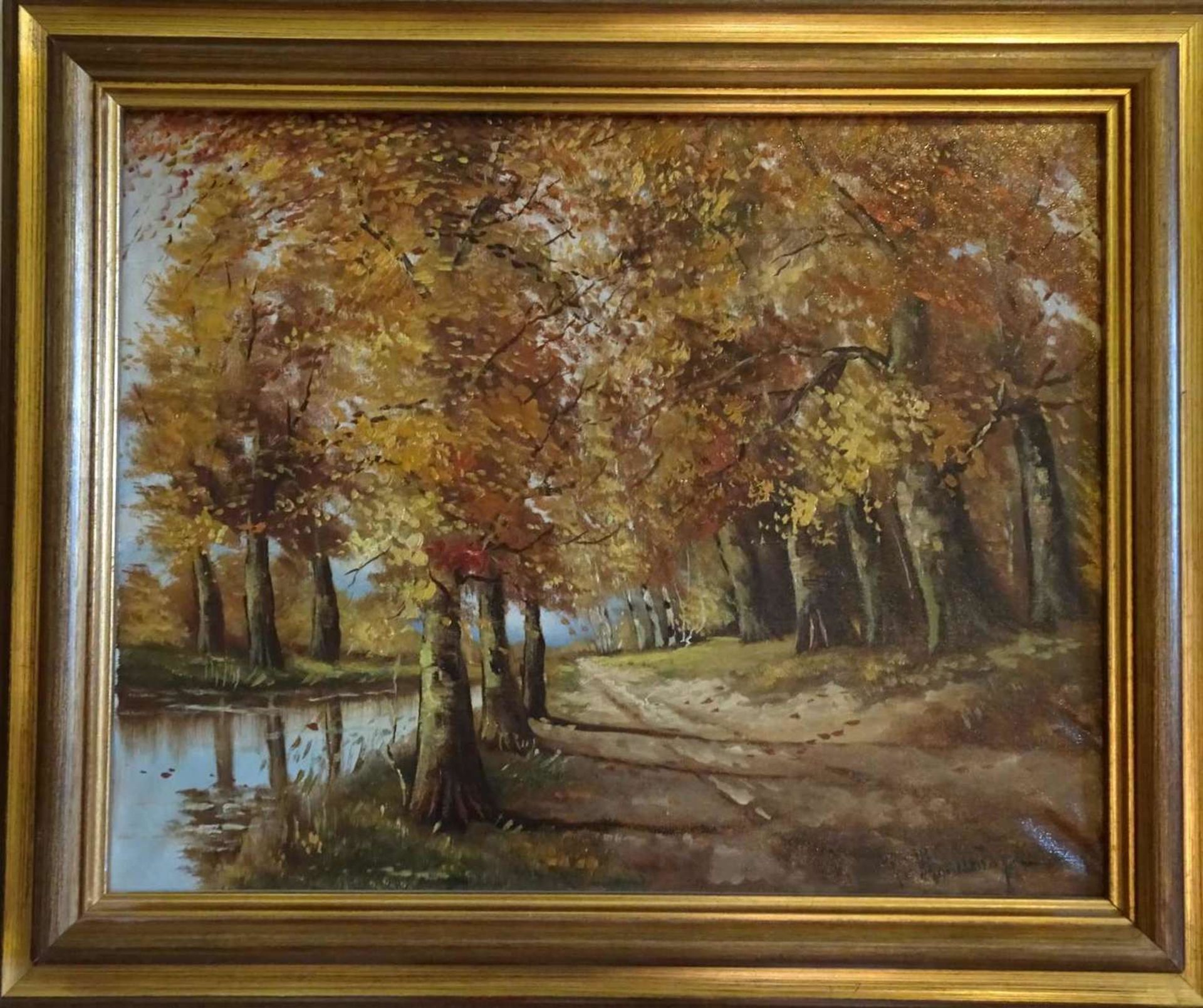 Oil painting on canvas "Forest path with lake", illegible signature below right. Framed.