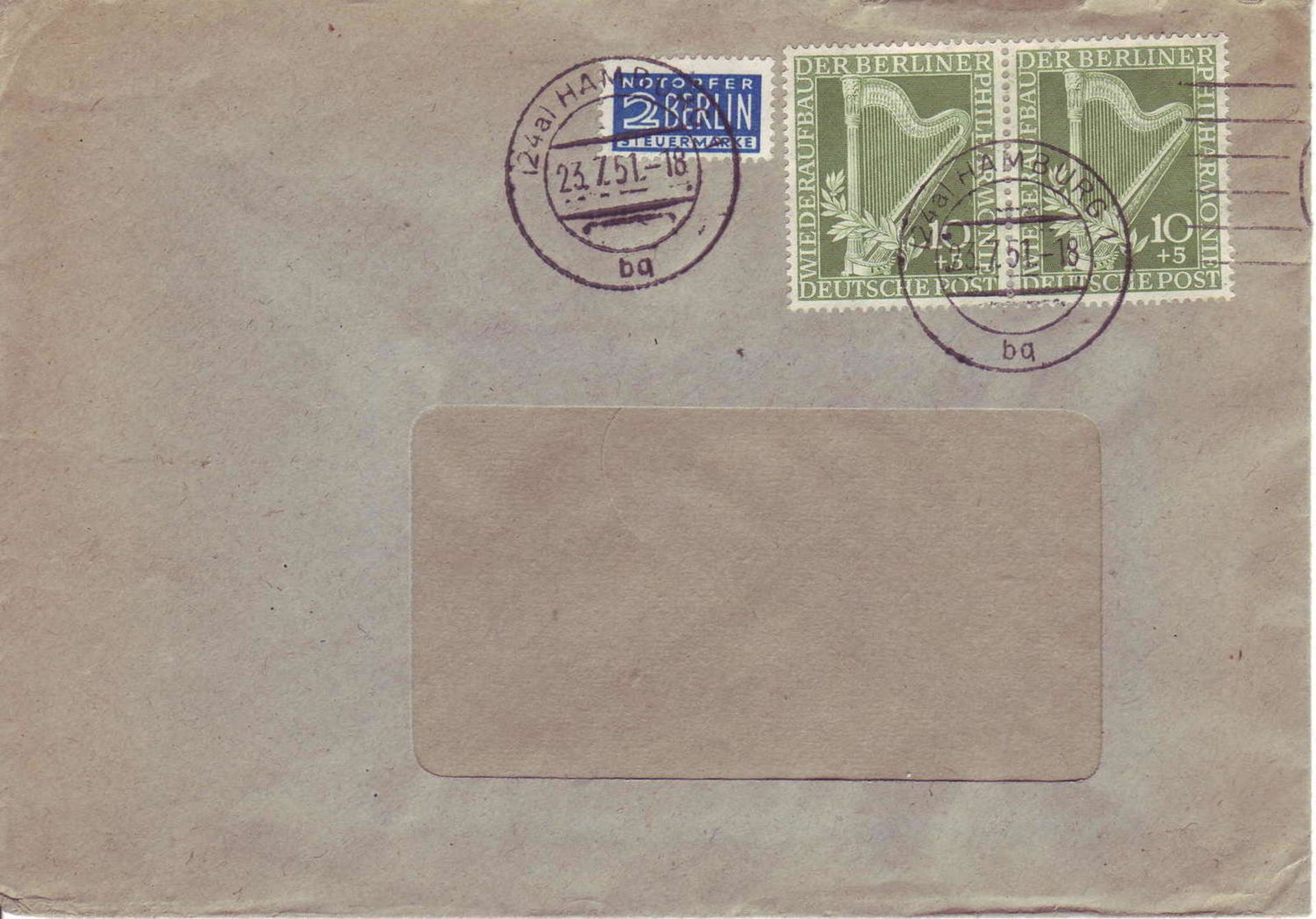 Berlin 1951, Mi - No. 72 as a pair on receipt from Hamburg (Hamburger Kreditbank). Nice canceled: