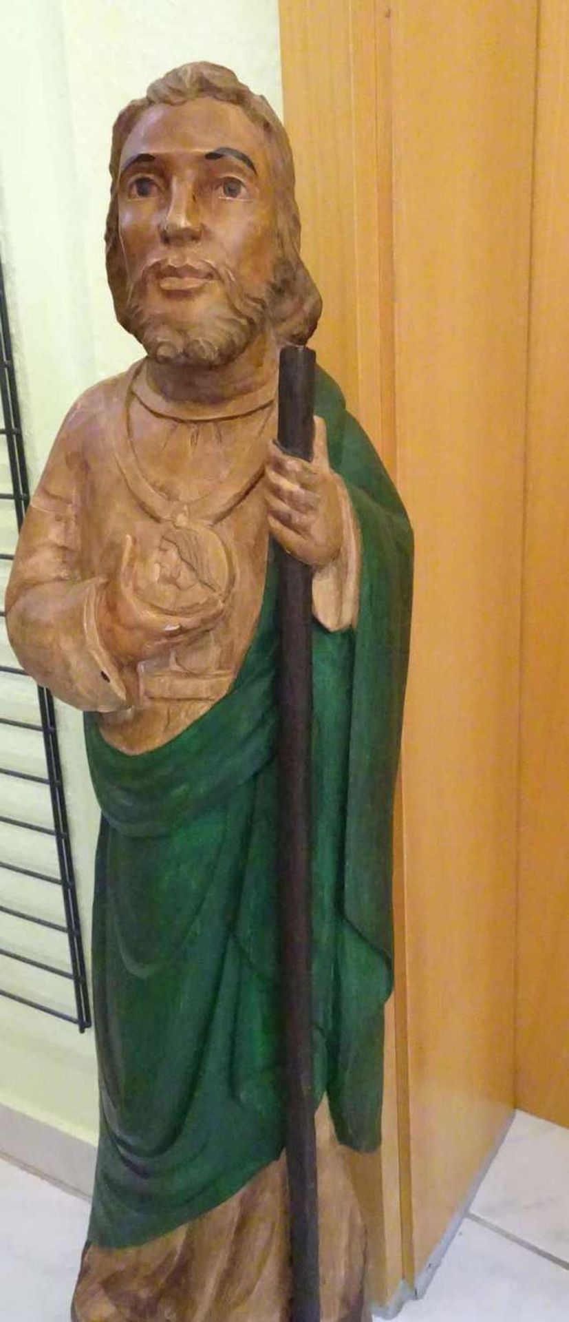 large wooden figure "shepherd with staff", color-coded. Height approx. 95 cm. Statue in good - Bild 3 aus 3