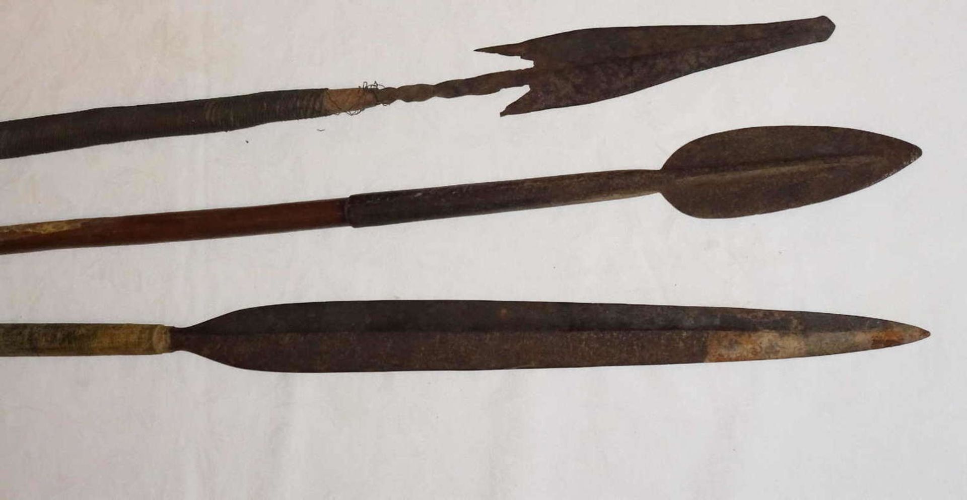 3 old African spears, with hand-forged spearheads around 1900. Original from the time. Length up