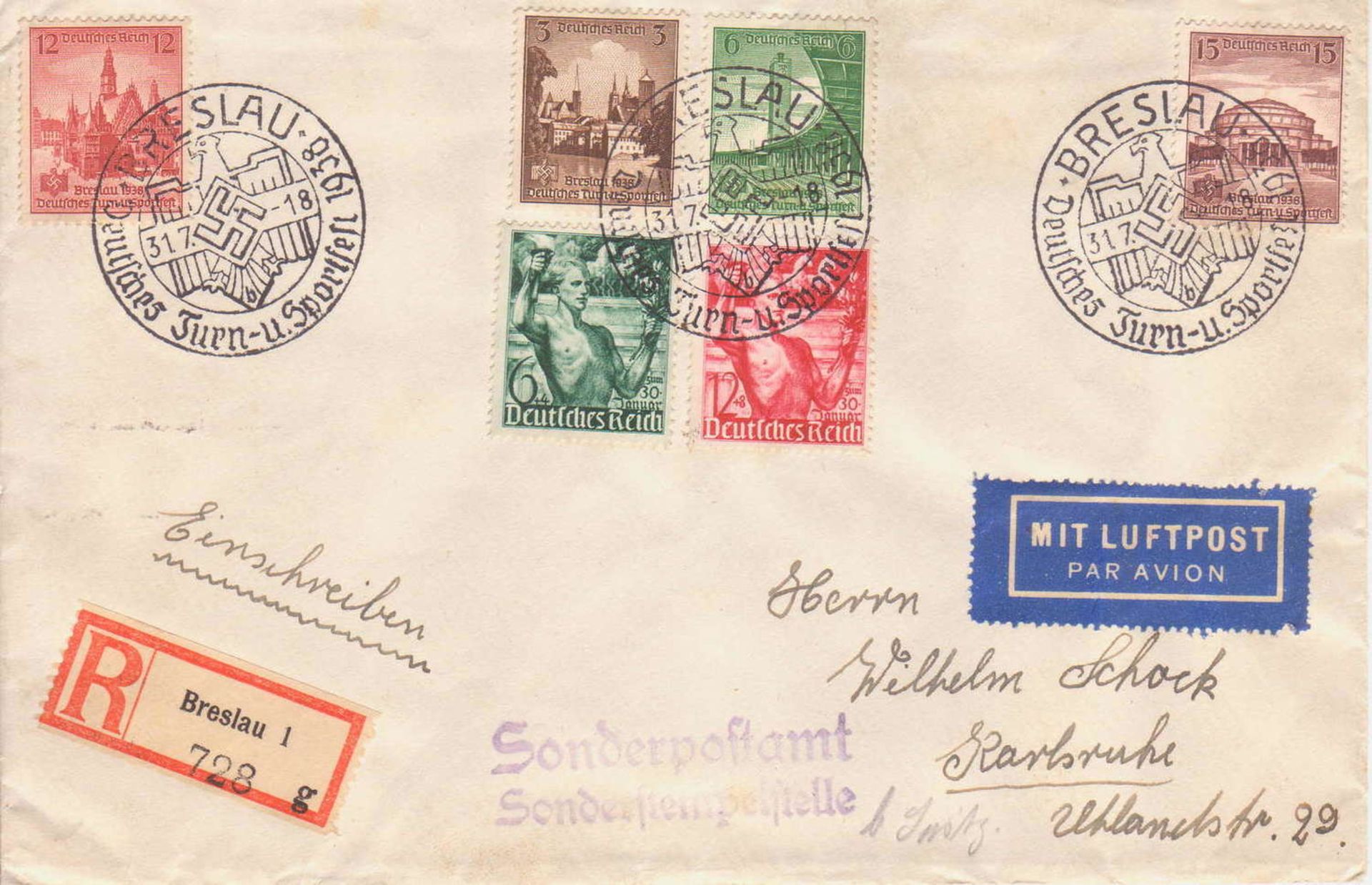 Deutsches Reich 1938, R - Brief aus Breslau nach Karlsruhe mit u.a. Mi. - Nr. 665 - 668, mit