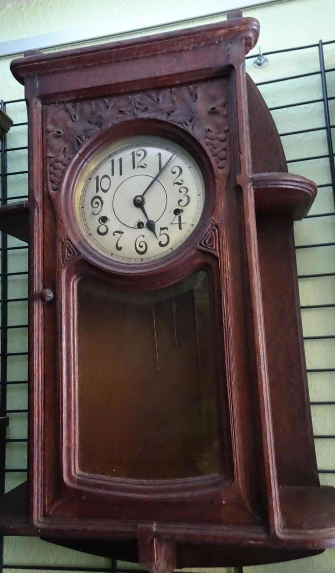 very rare Art Nouveau regulator around 1900, Westminster chime, cut glass, oak case with shelves.