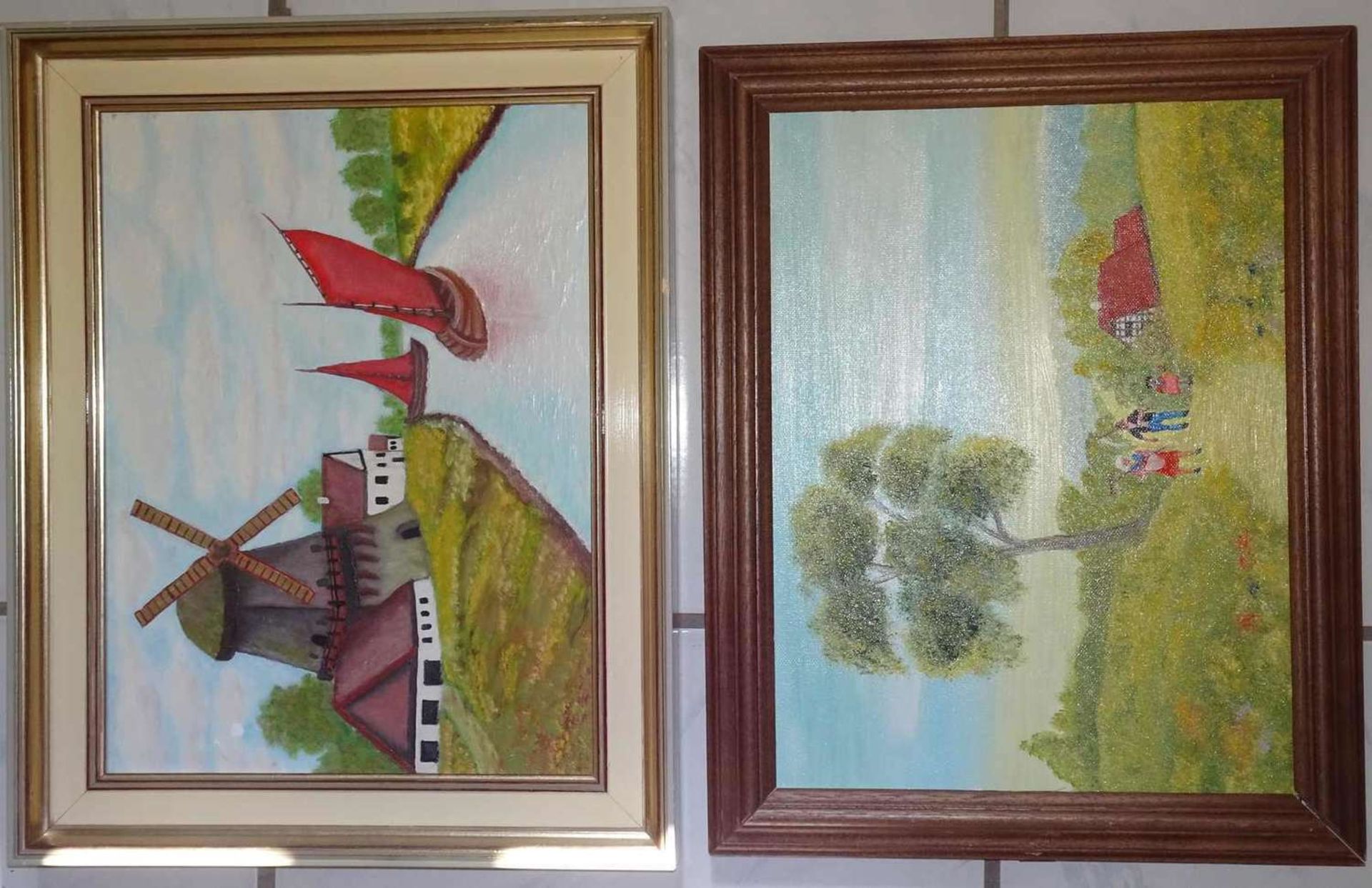 4 oil paintings, 2x naive paintings. Different formats and frames.4 Ölgemälde, dabei 2x naive