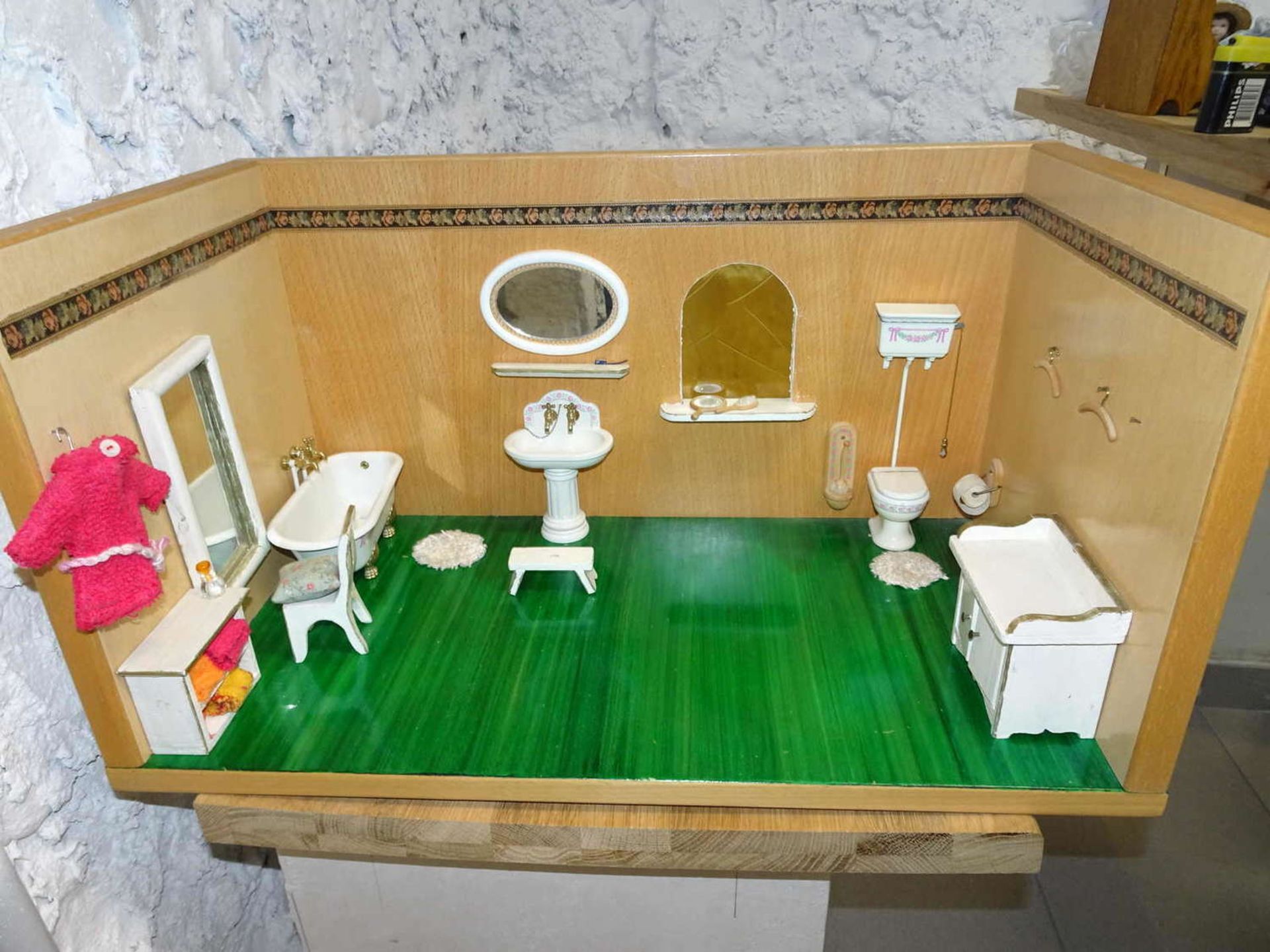 dollhouse "bathroom" fully furnished with bathtub, toilet, toilet paper holder, etc. and with