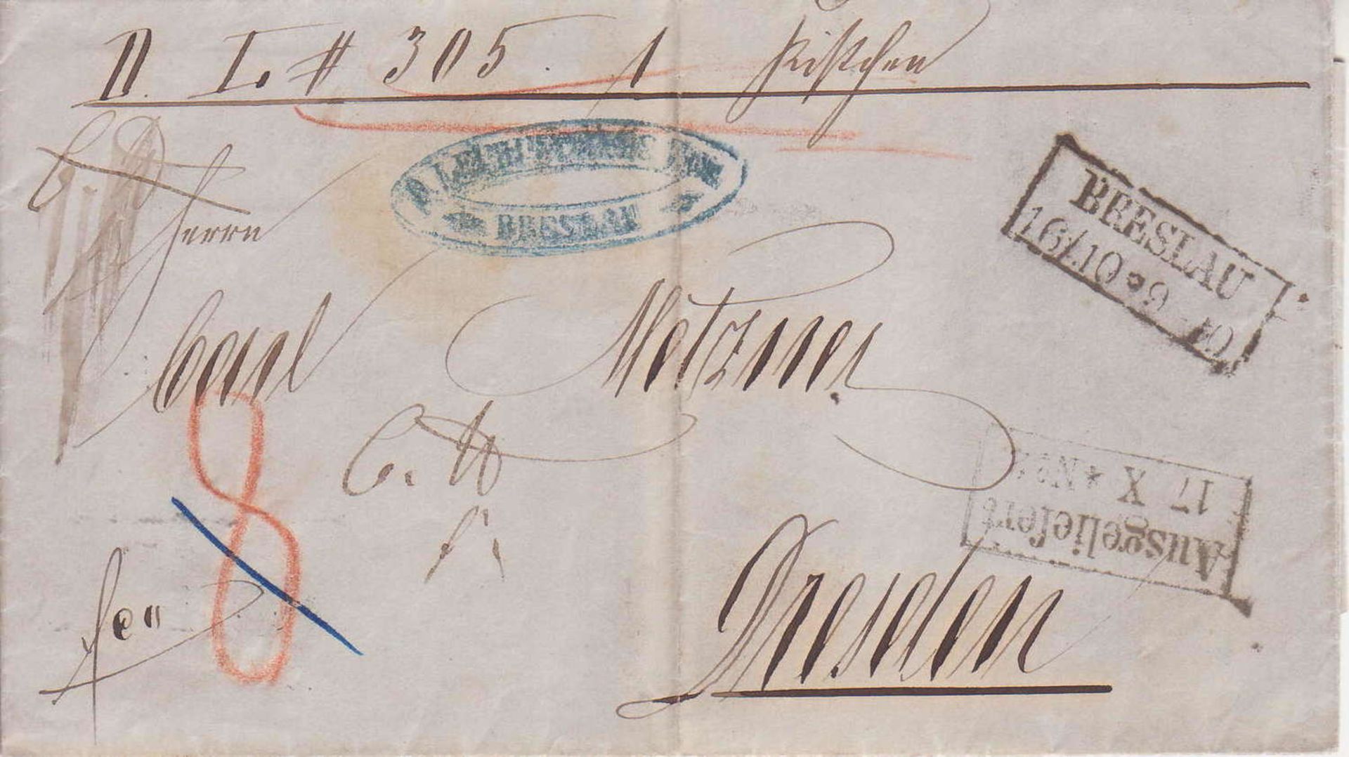 Faltbrief aus Breslau 867 nach Dresden 1860. Diverse Stempel.Faltbrief aus Breslau 867 nach