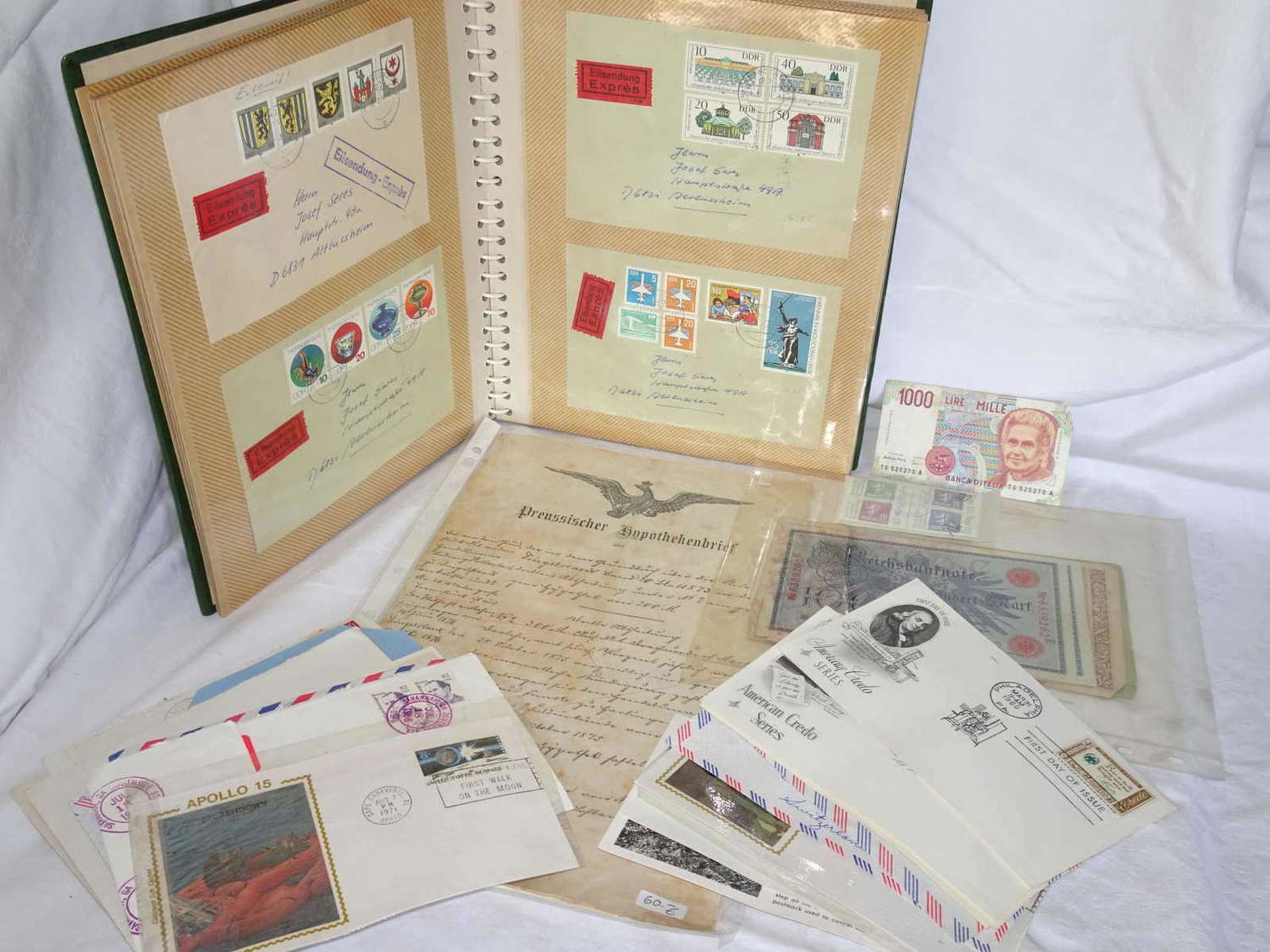 1 box full of philately, along with many insured letters with high frankings, FDC GDR, older