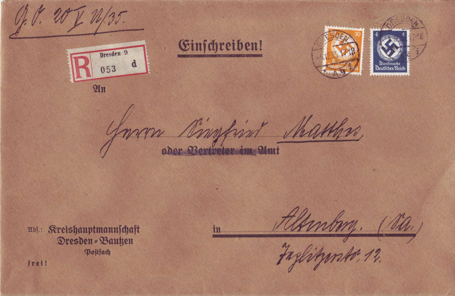 German Reich 1935, R - letter with official stamps as mixed franking, from Dresden (