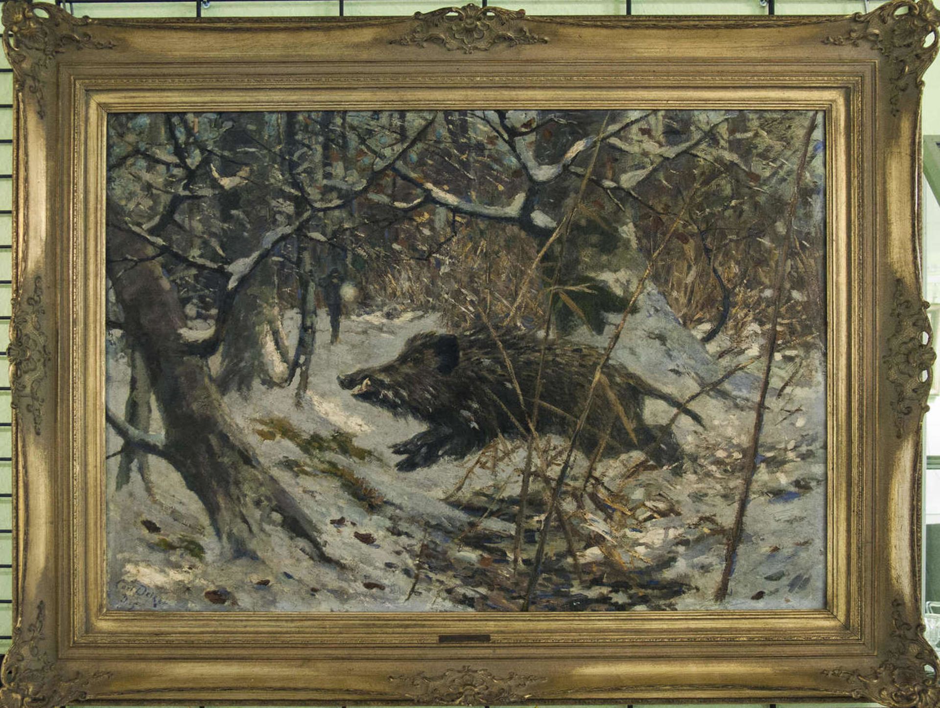 Carl Deiker (1879-1958), oil painting on canvas "Hunter shooting at a boar in winter landscape".