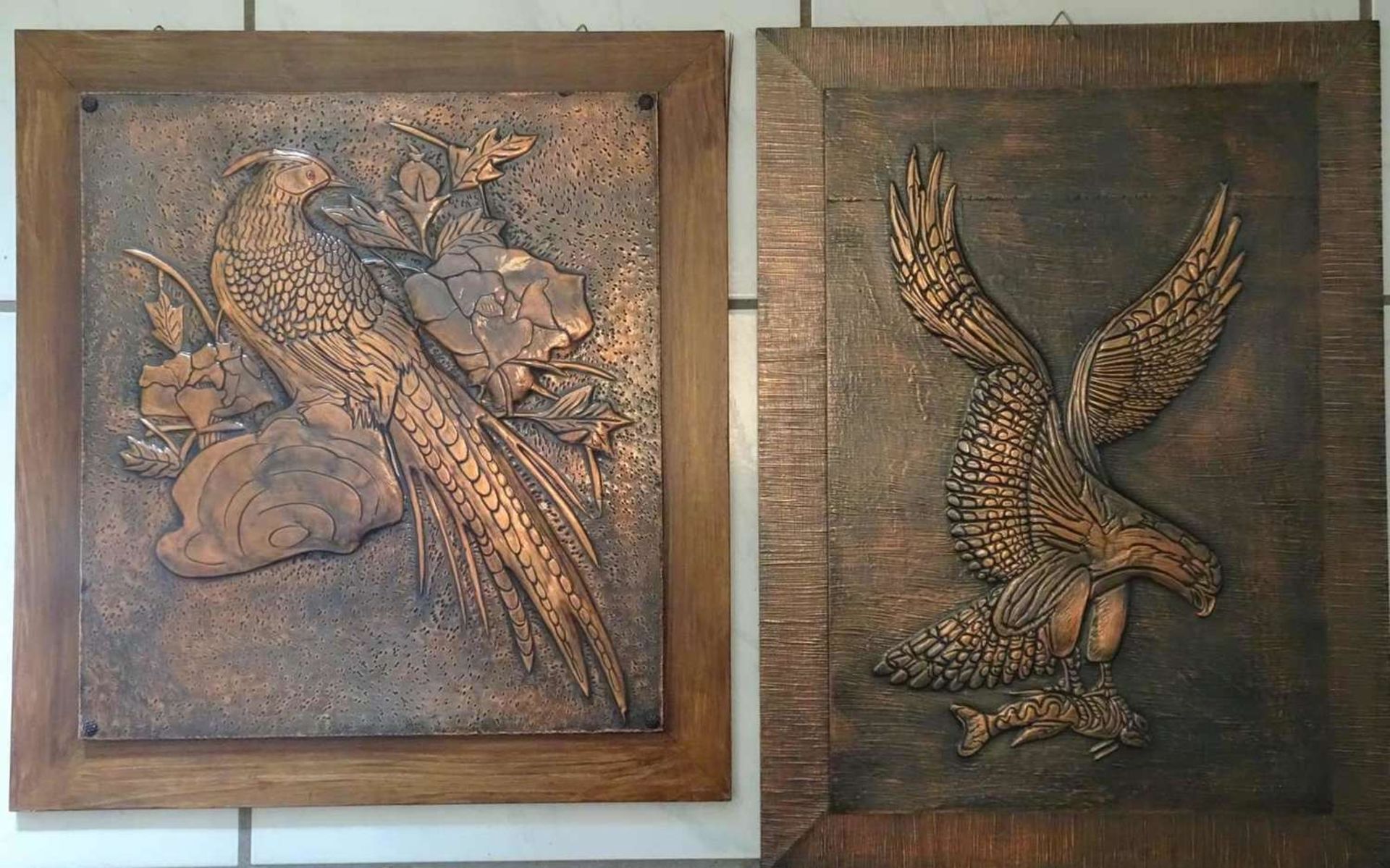 2 copper pictures "Adler", dimensions: height approx. 55 cm, width approx. 37 cm, and 1 pheasant,