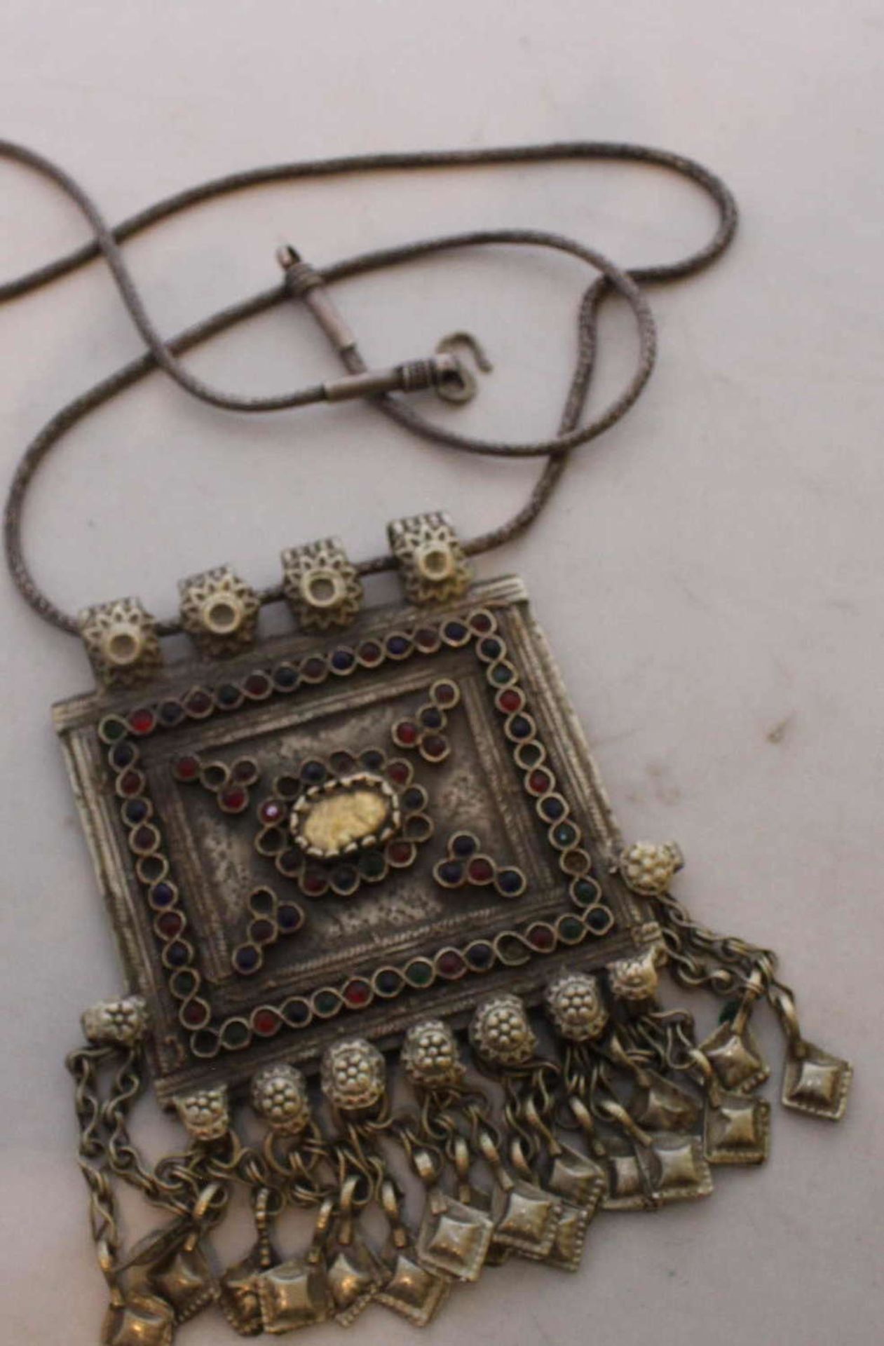 Afghanistan - fancy silver sheet necklace with suspensions and decorated with many colorful glass