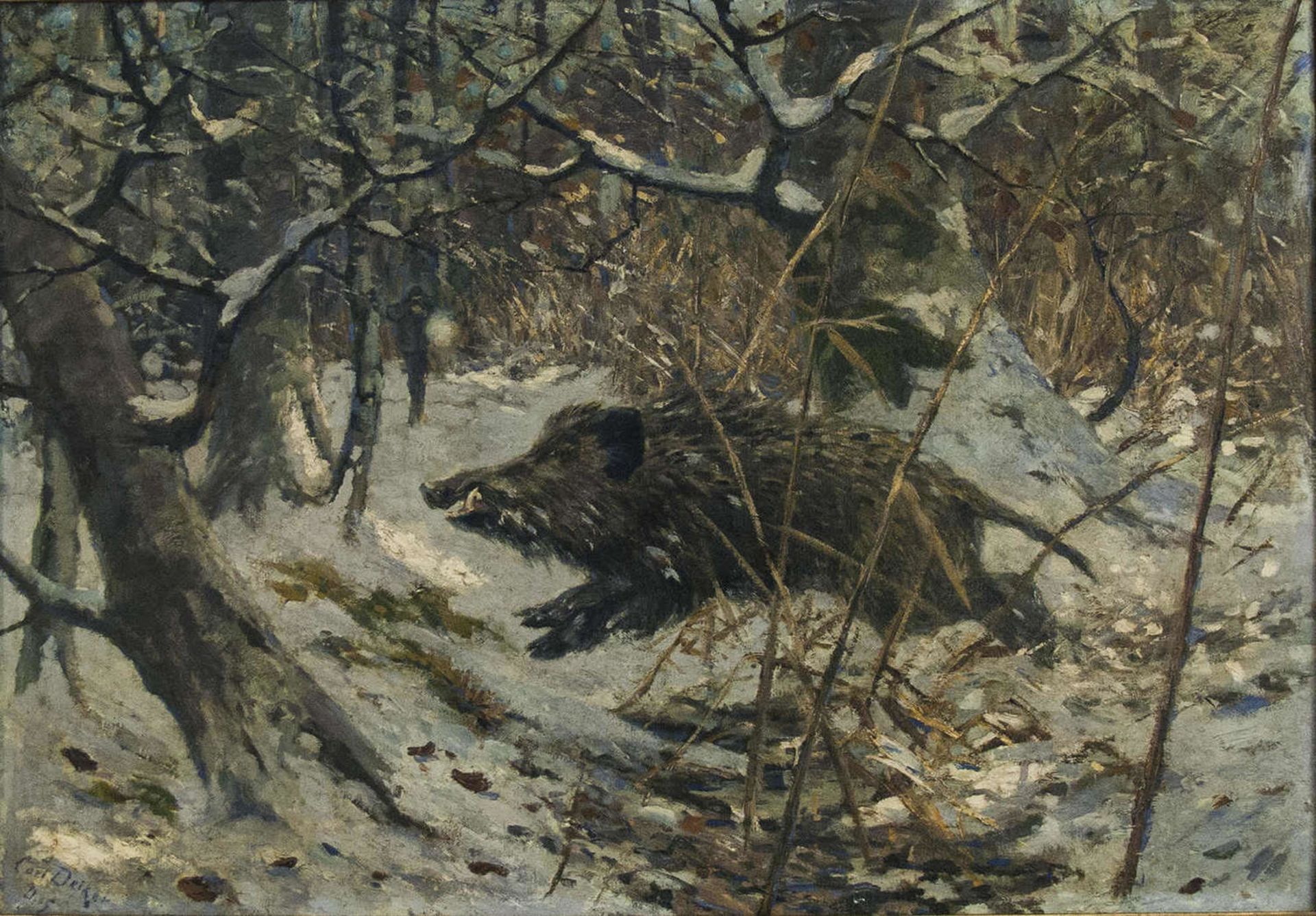 Carl Deiker (1879-1958), oil painting on canvas "Hunter shooting at a boar in winter landscape". - Bild 2 aus 3