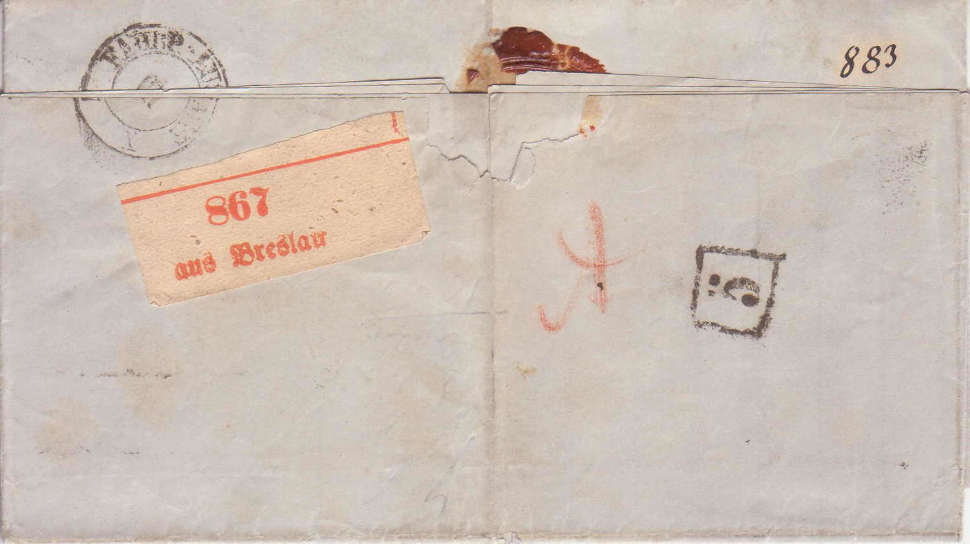 Faltbrief aus Breslau 867 nach Dresden 1860. Diverse Stempel.Faltbrief aus Breslau 867 nach - Bild 2 aus 2