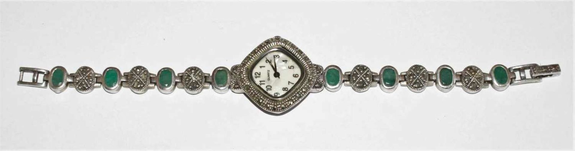Women's wristwatch, 925 silver, set with emeralds and marcasites. Quartz. Length about 18