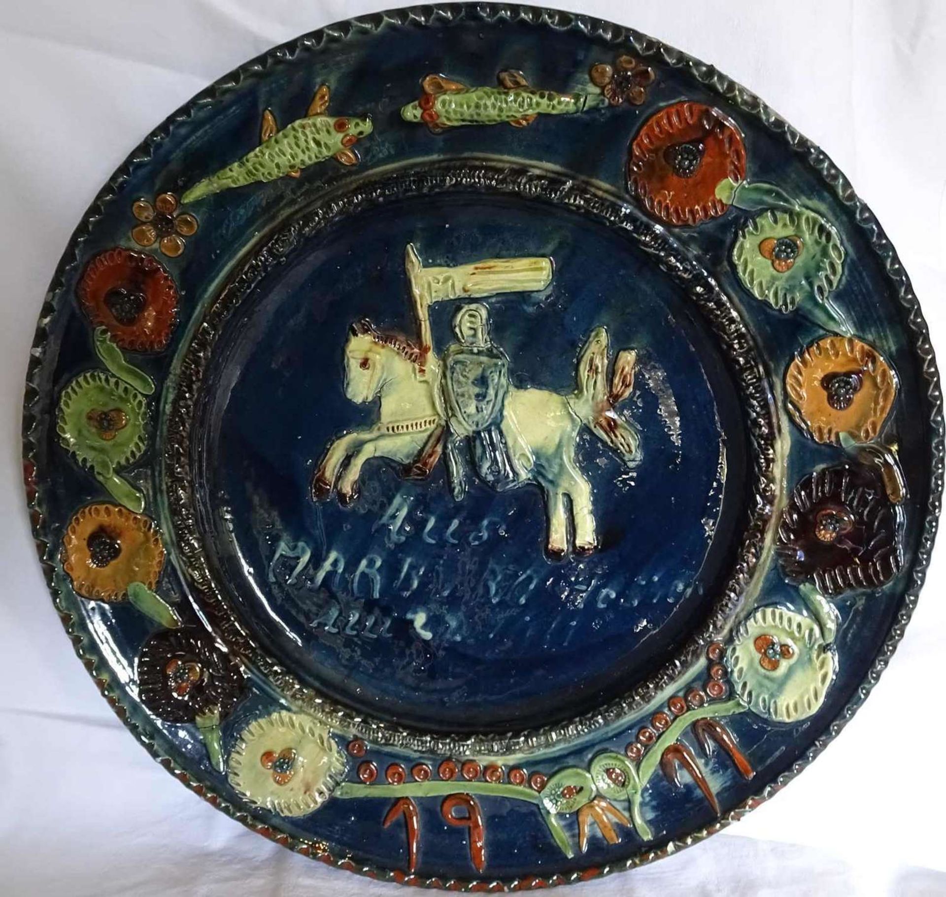 Ceramic faience plate, 1911, large version - diameter approx. 43 cm. Small chips and chips present -