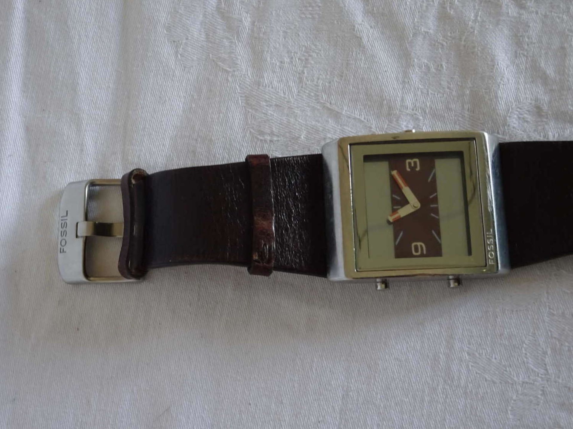 Fossil wristwatch with original leather strap. Function not checked. Used, fairly good condition. - Image 2 of 3