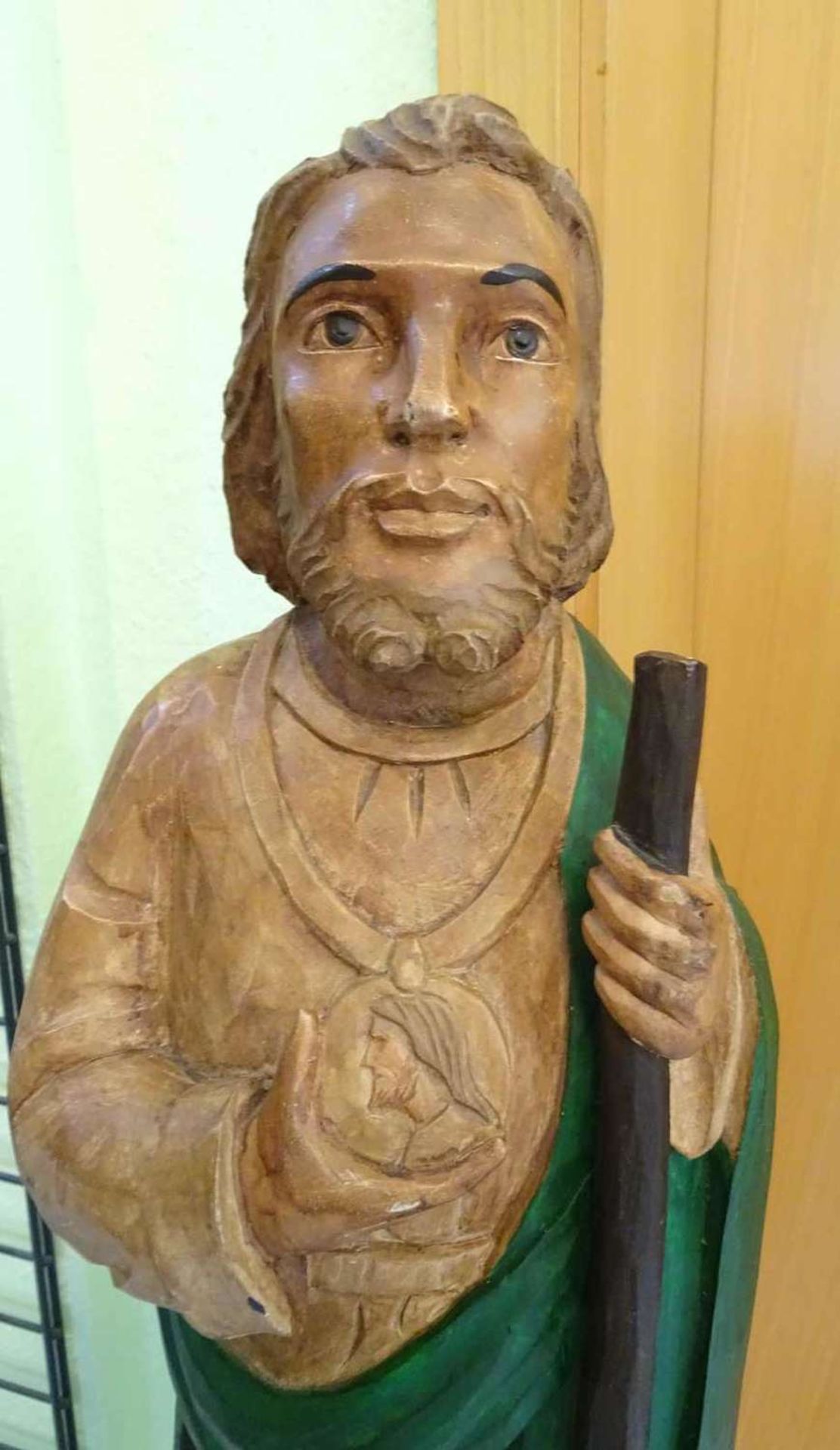 large wooden figure "shepherd with staff", color-coded. Height approx. 95 cm. Statue in good - Bild 2 aus 3