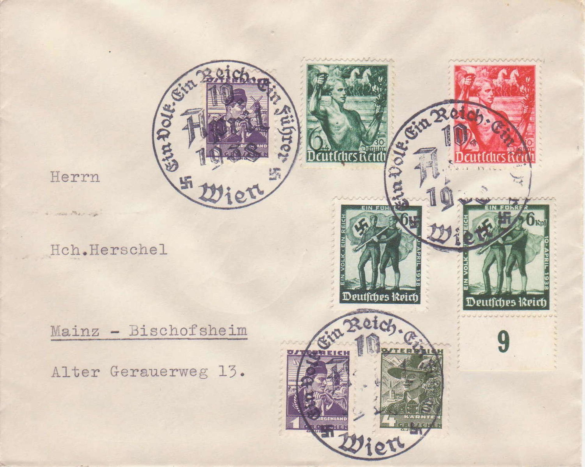 Deutsches Reich 1938, Beleg aus Wien nach Mainz-Bischofsheim, mit Sonderstempel "Ein Volk - ein